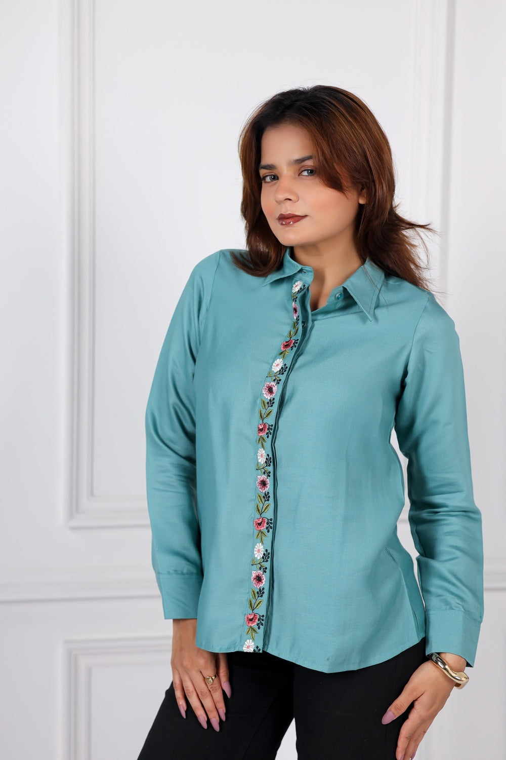 Embroidered viscose twil sea green shirt