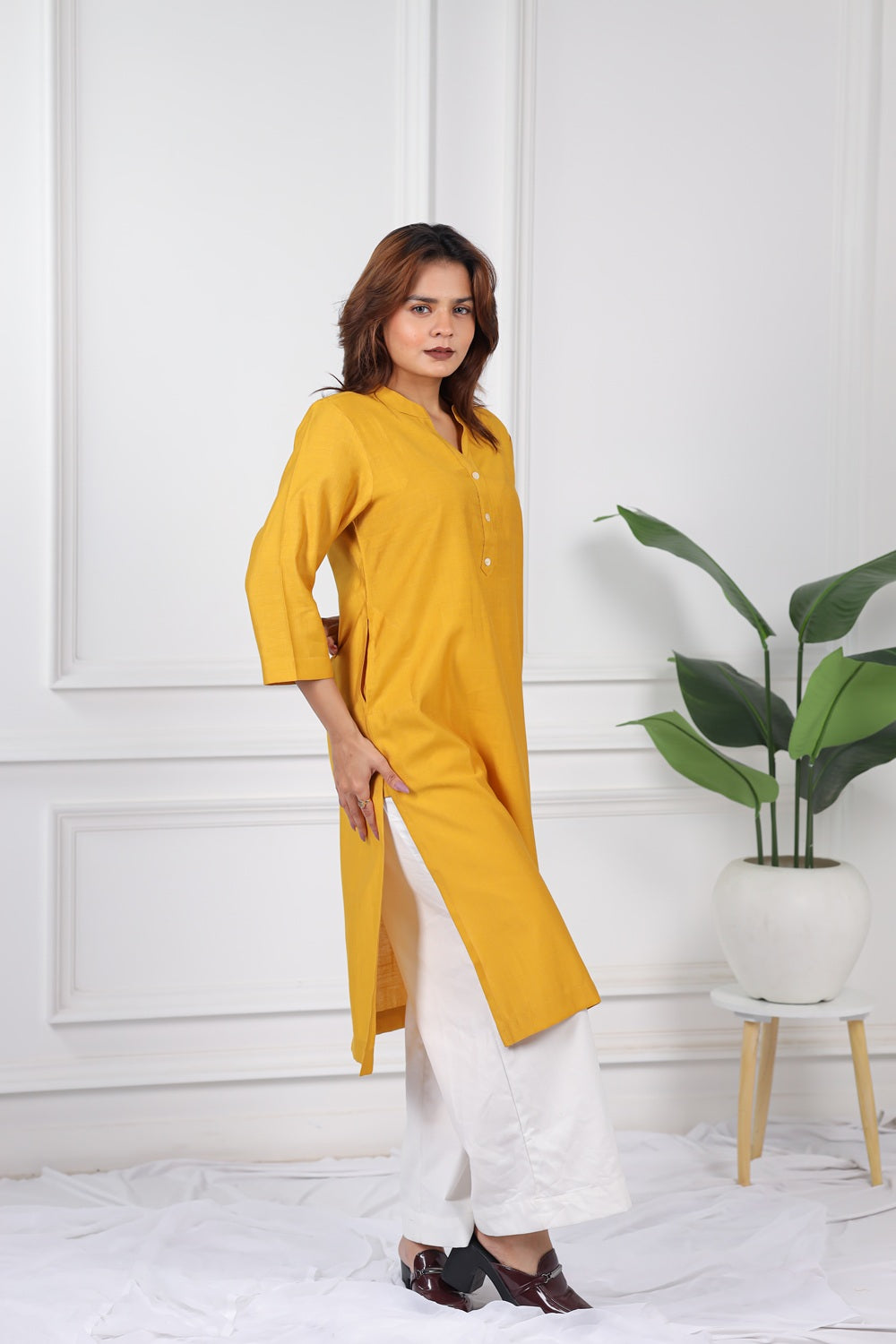 Mull-linen mustard long kurti