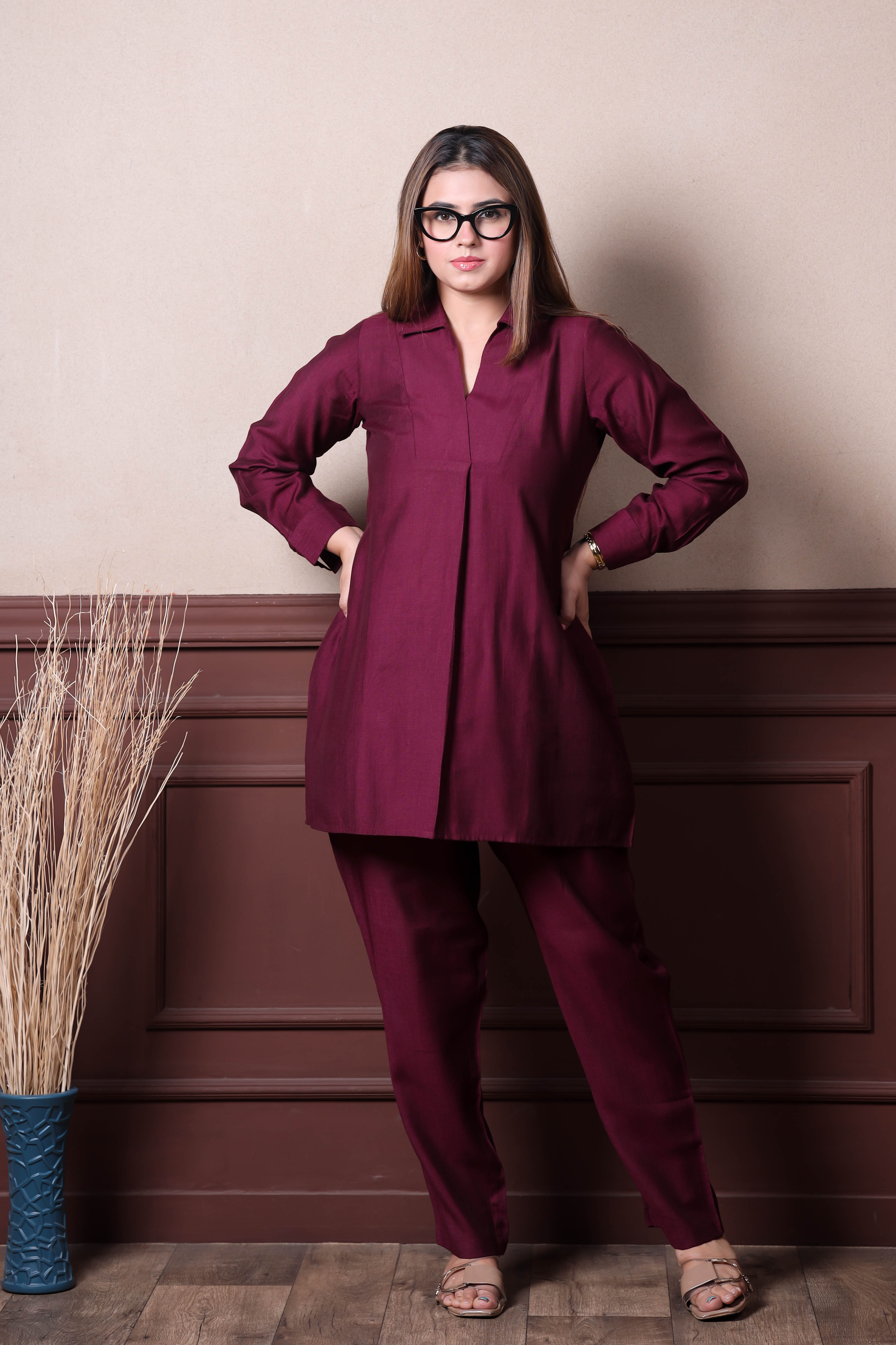 Plain Viscose goldy Maroon co ord set