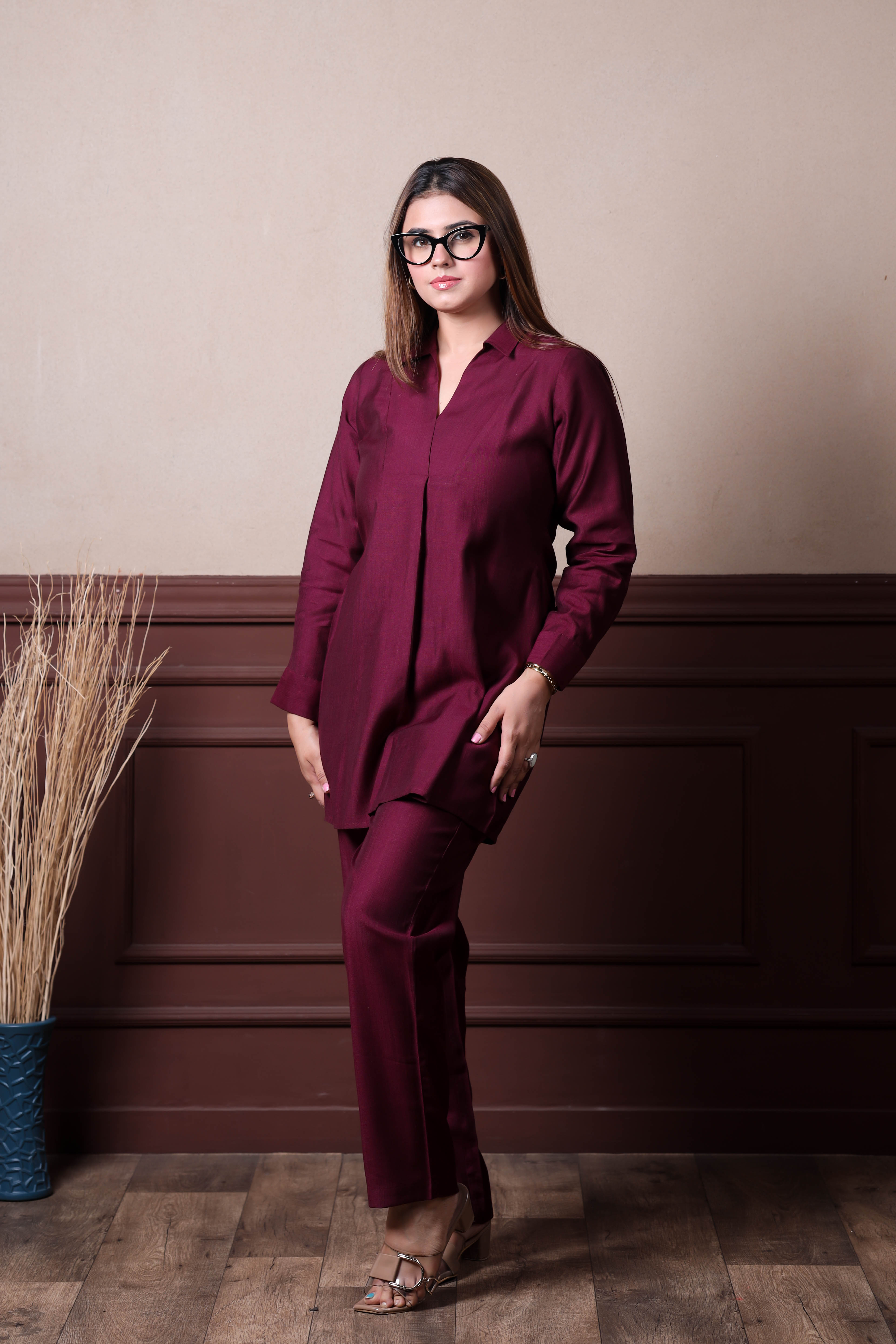 Plain Viscose goldy Maroon co ord set