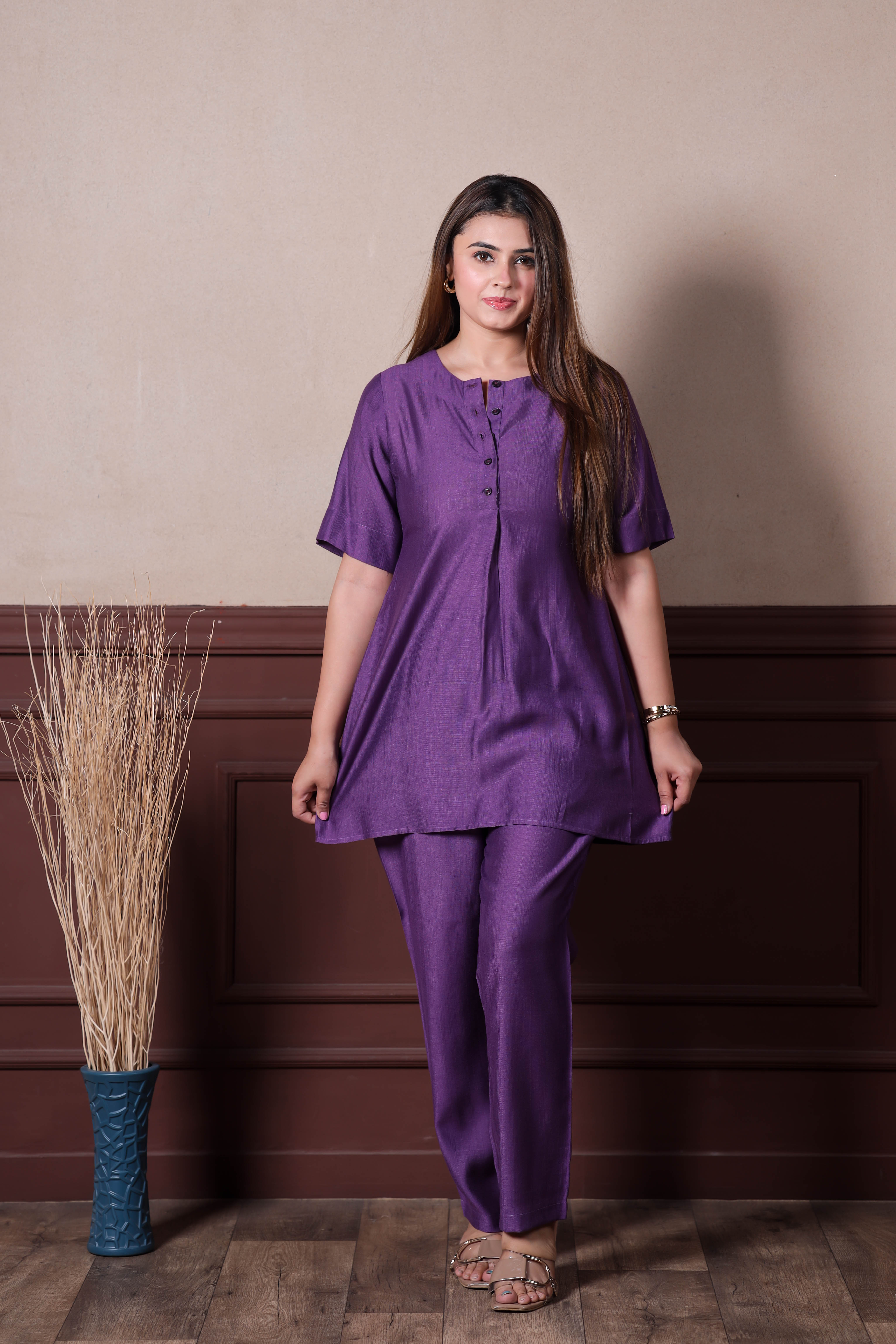 Plain Viscose goldy purple co ord set