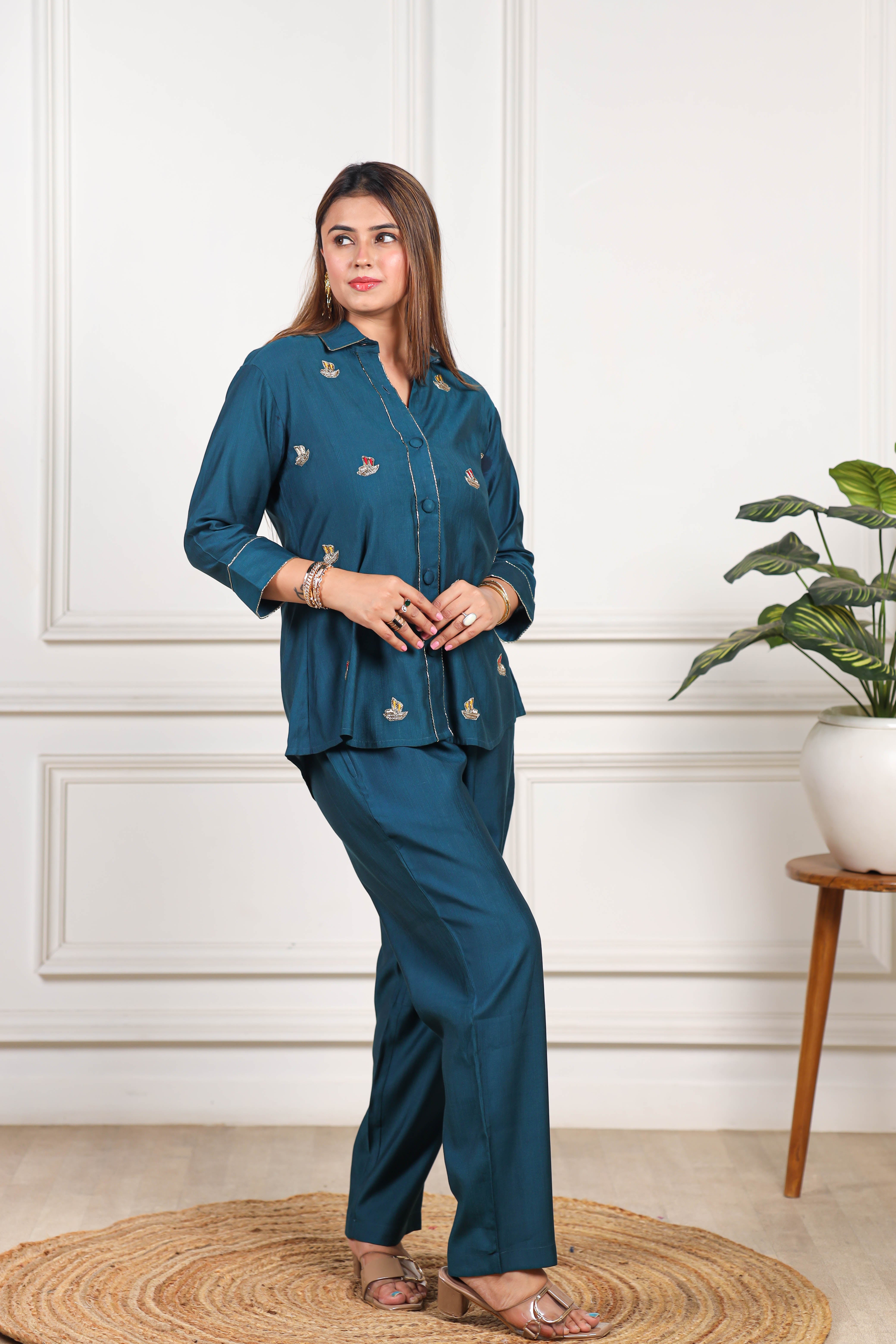 Hand patch work Viscose goldy blue co ord set