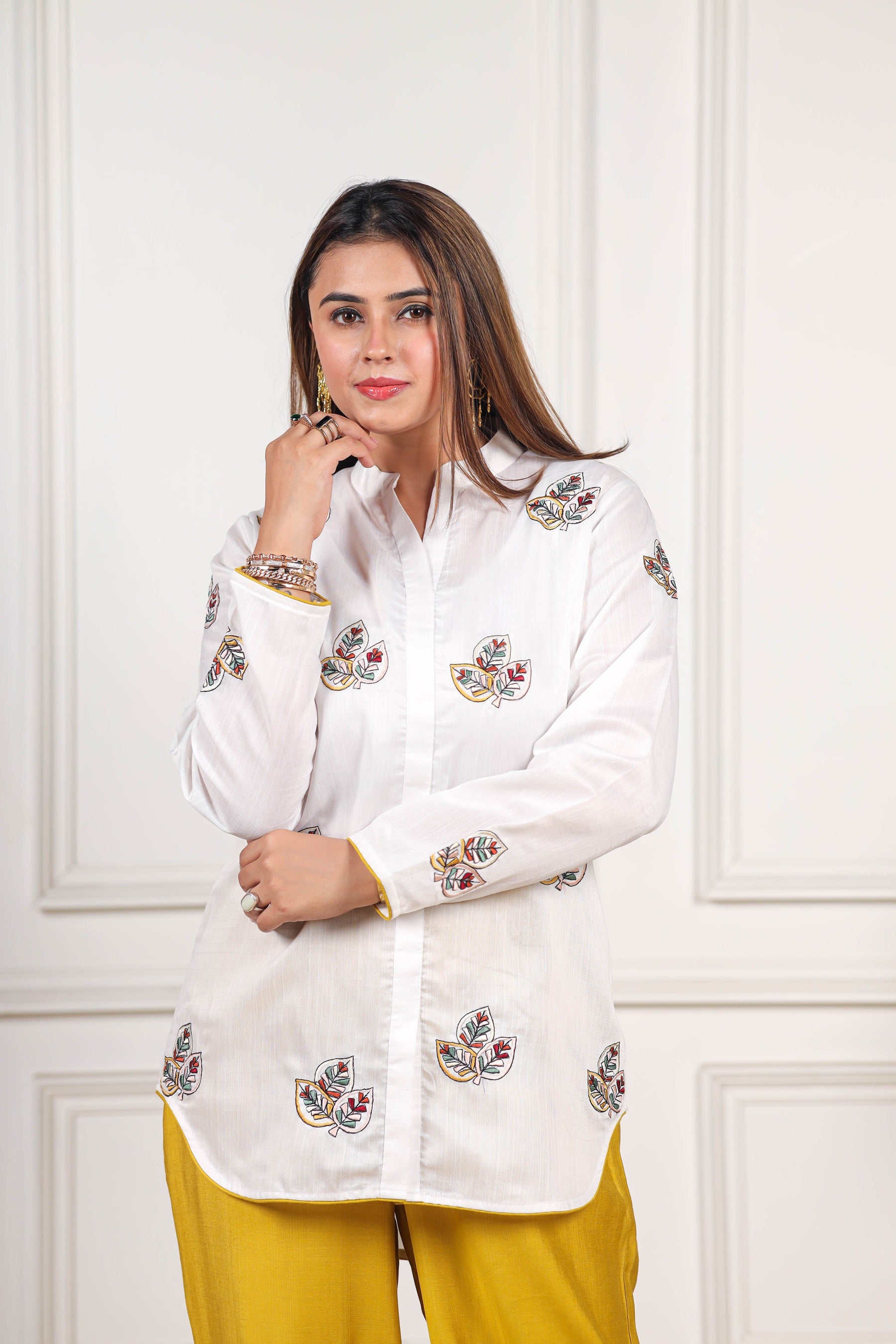 Embroidered Viscose goldy white & yellow co ord set