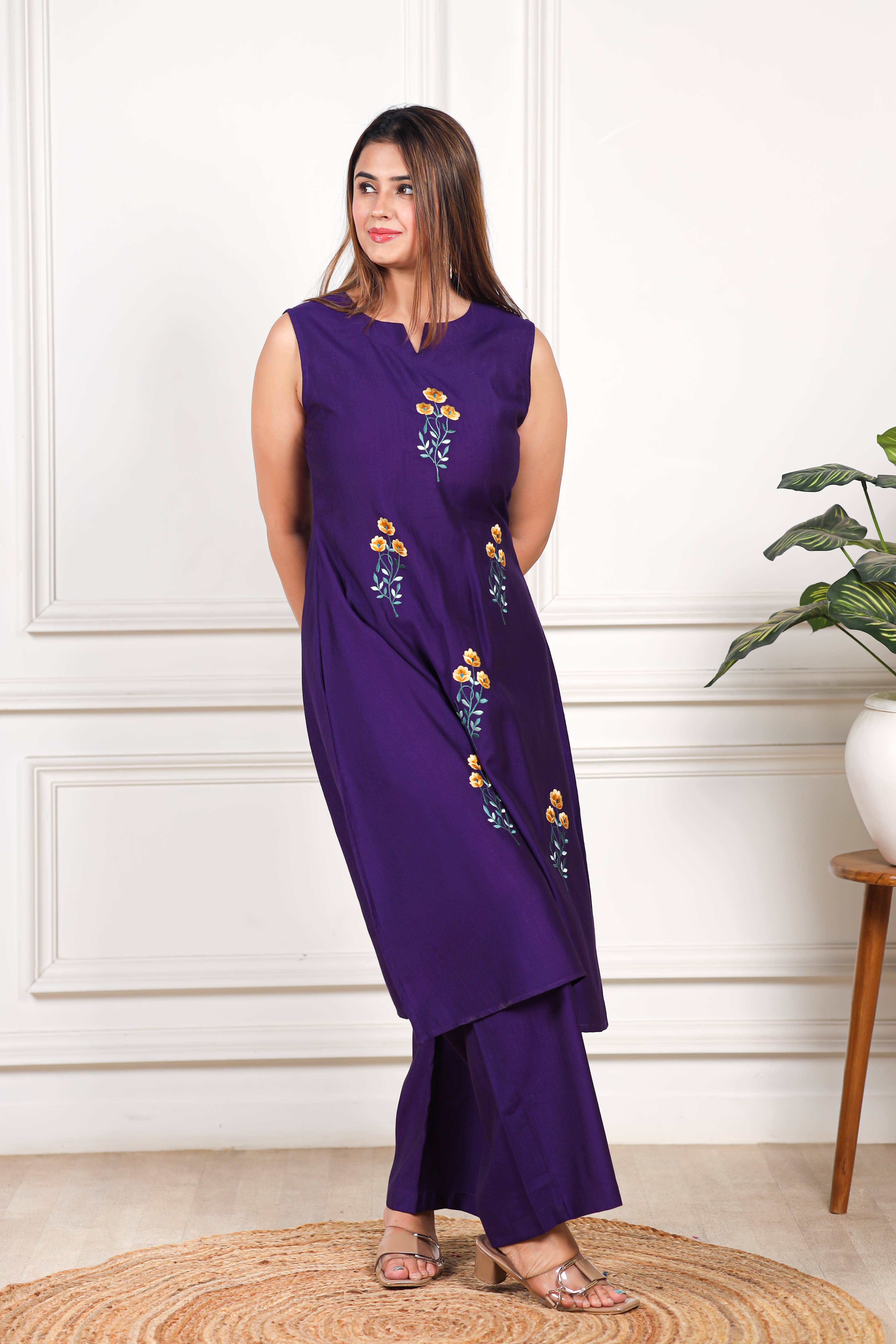 Embroidered Viscose Goldy purple co ord set