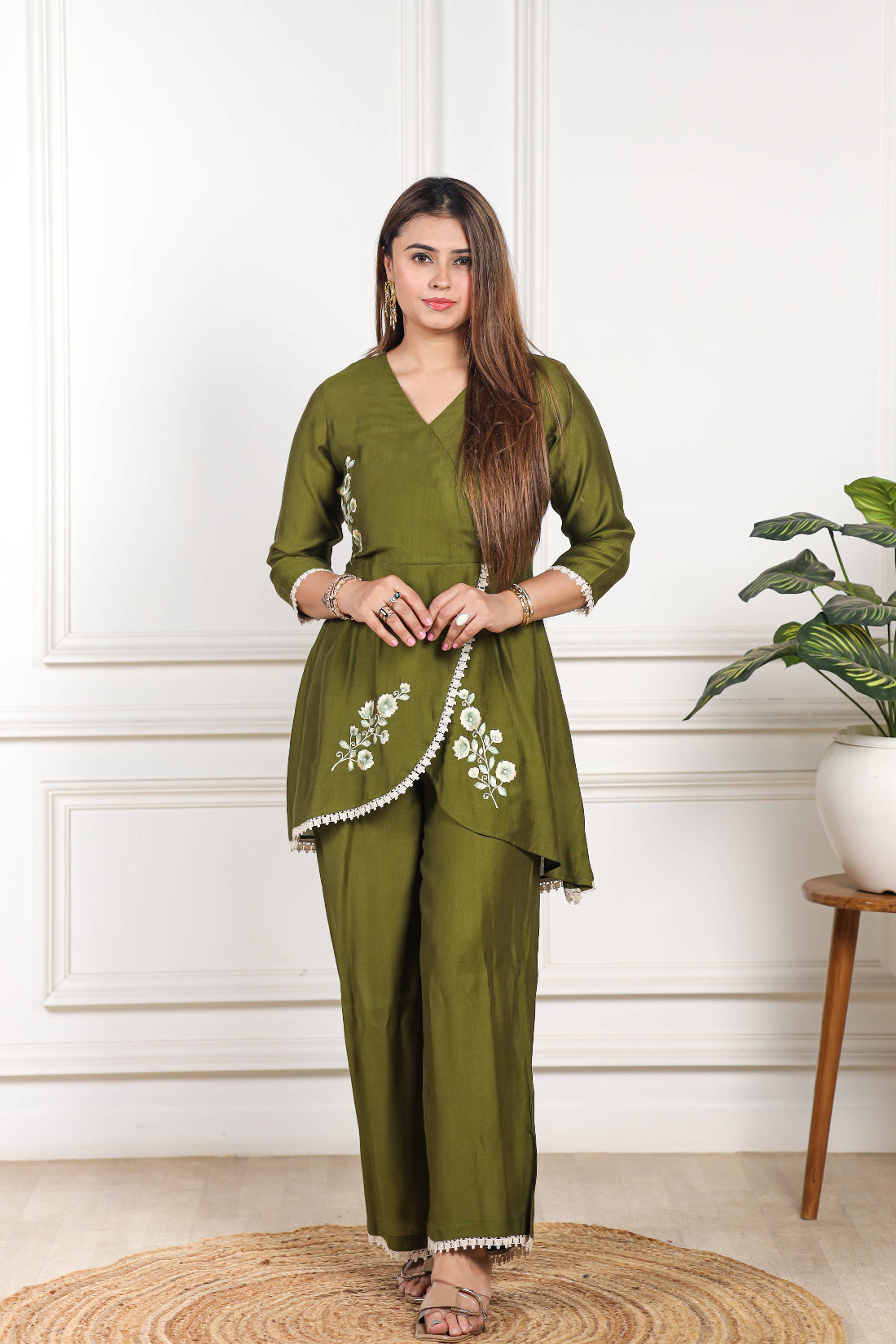 Embroidered Viscose goldy green co ord set