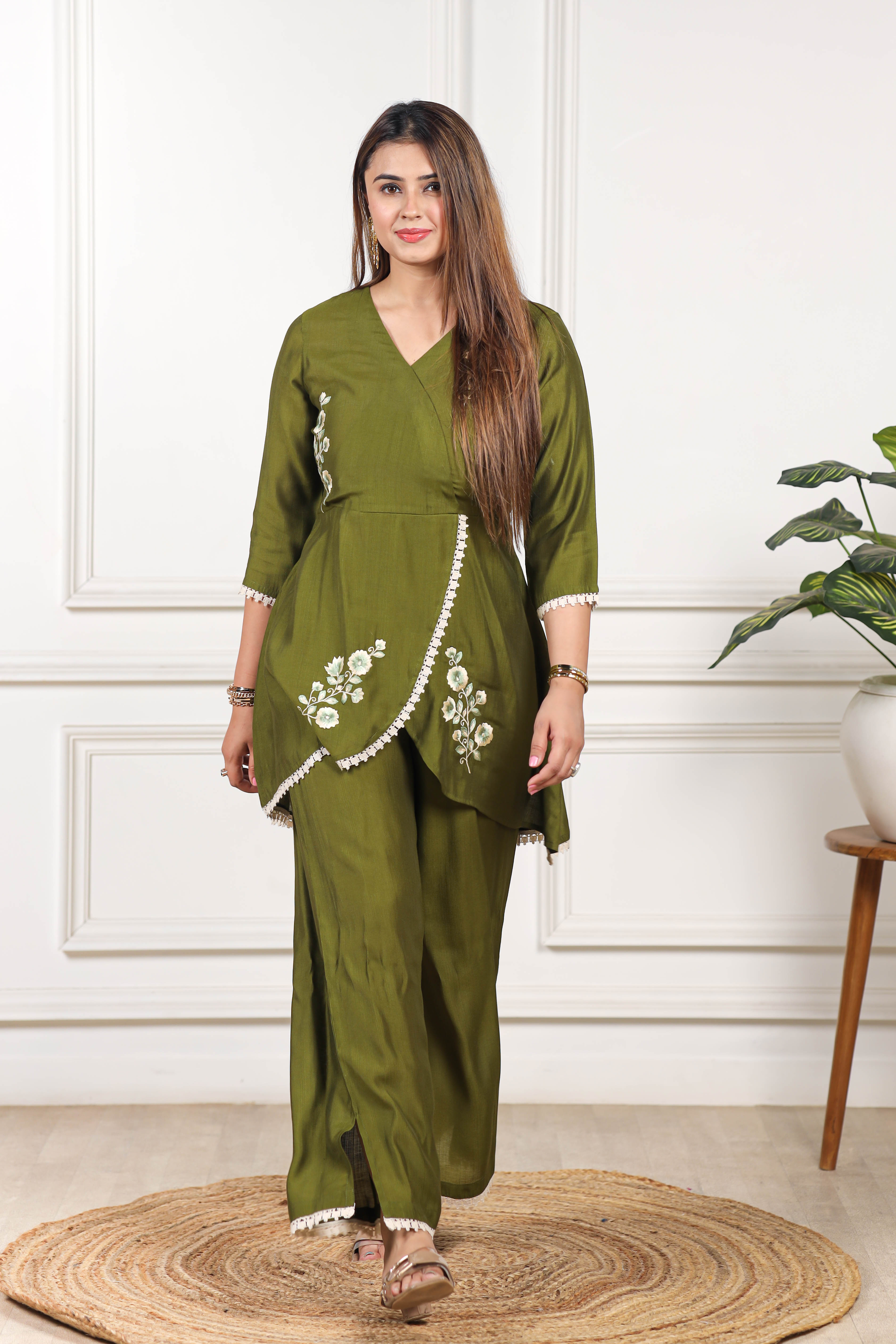 Embroidered Viscose goldy green co ord set