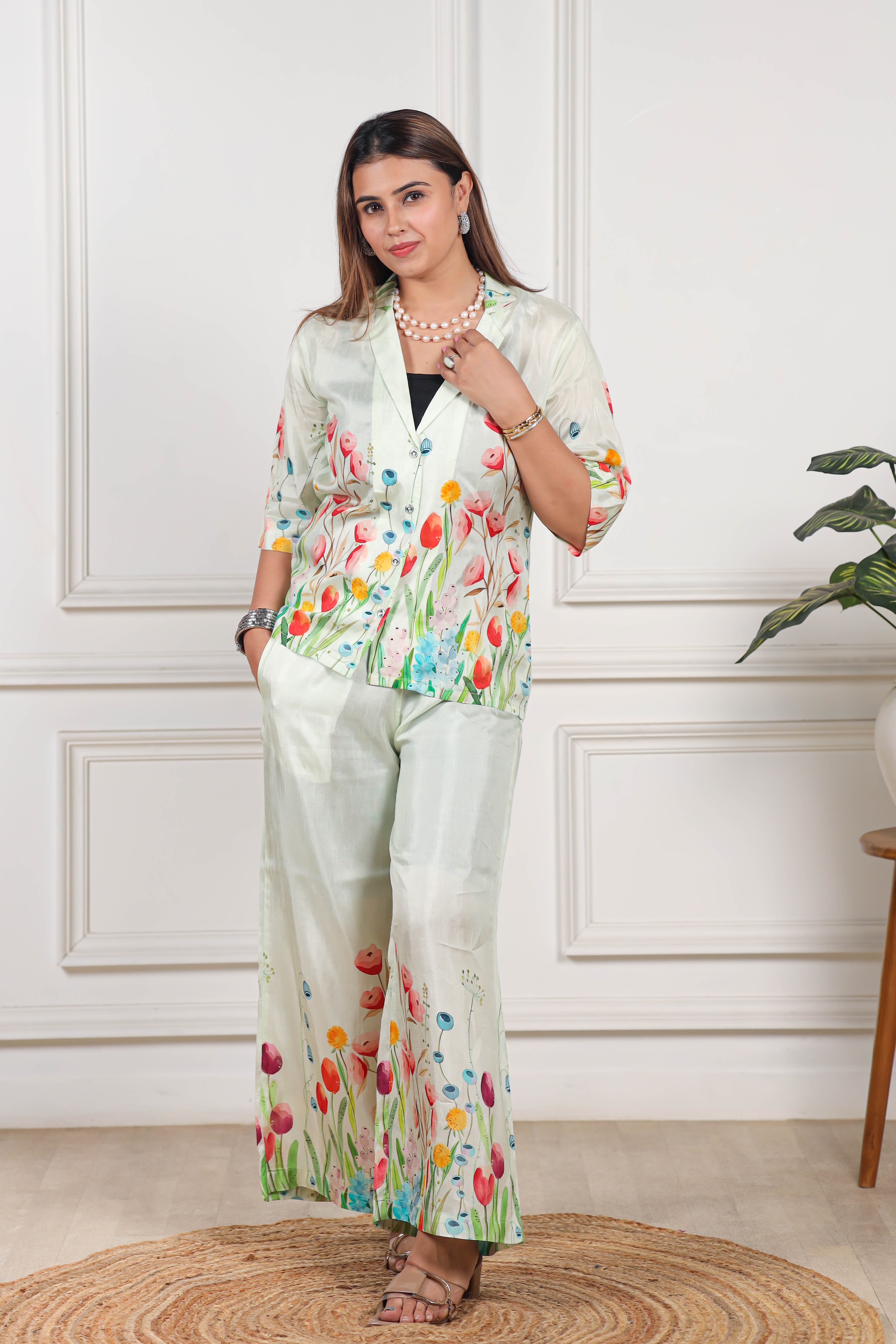 Floral Printed Viscose muslin off white co ord set