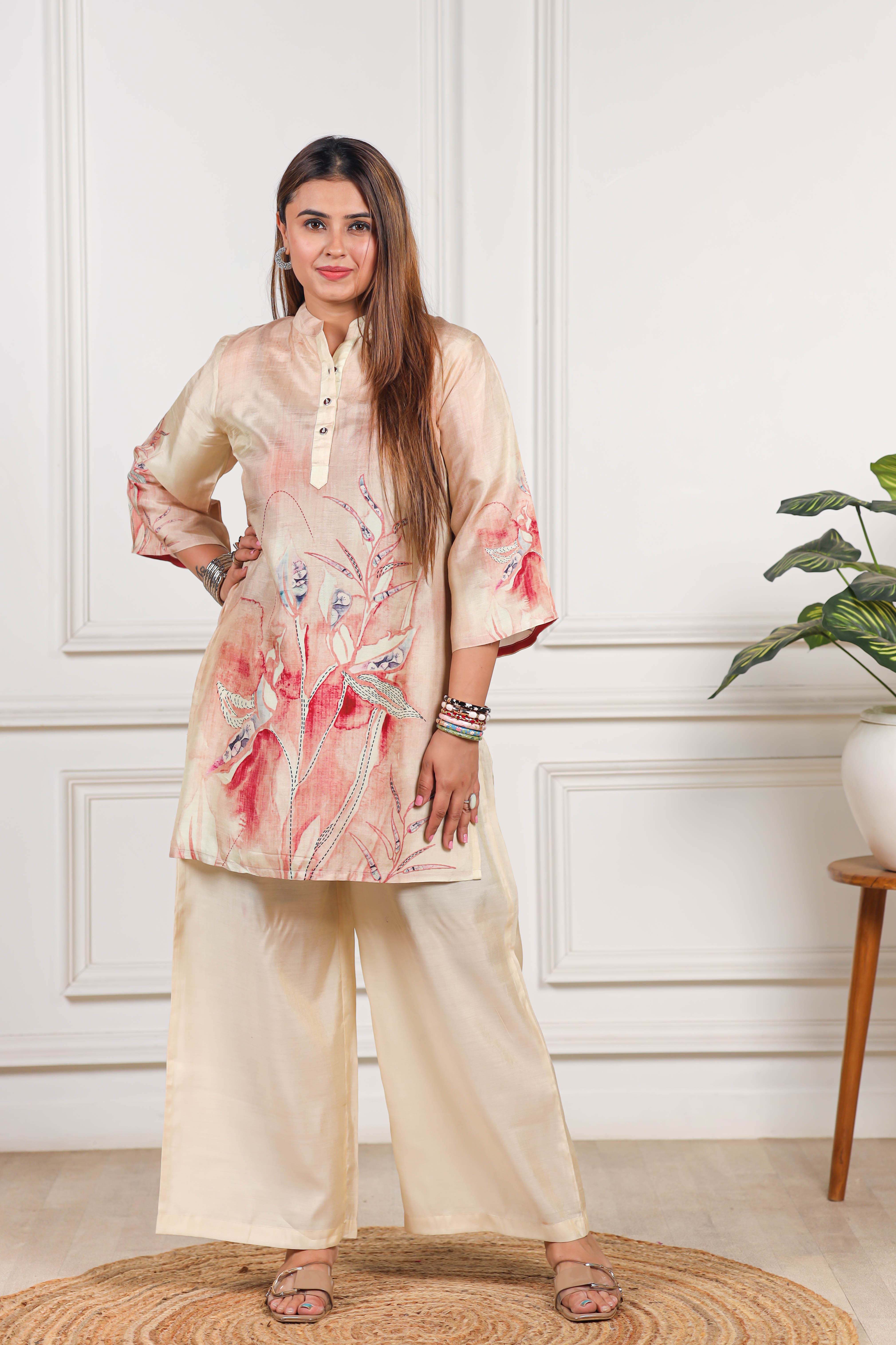 Printed Viscose muslin cream co ord set