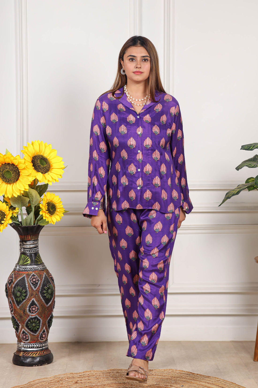 Printed Viscose muslin purple shirt co ord set