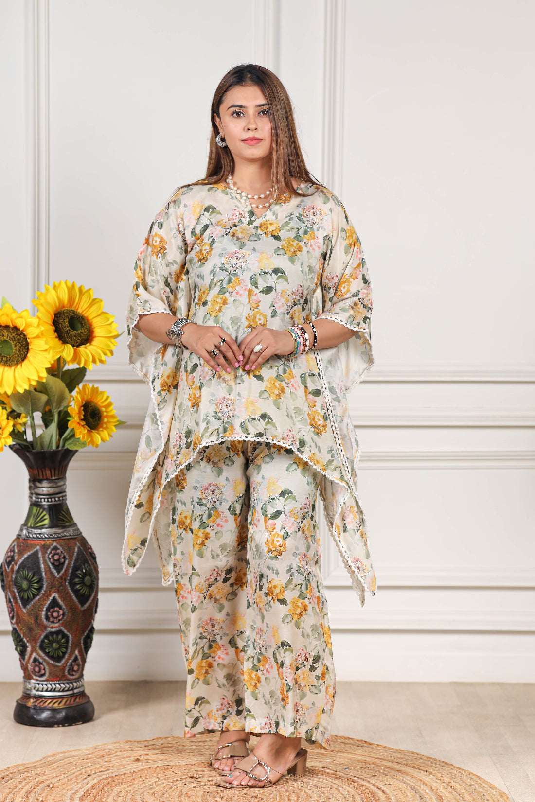 Printed Viscose muslin cream co ord set