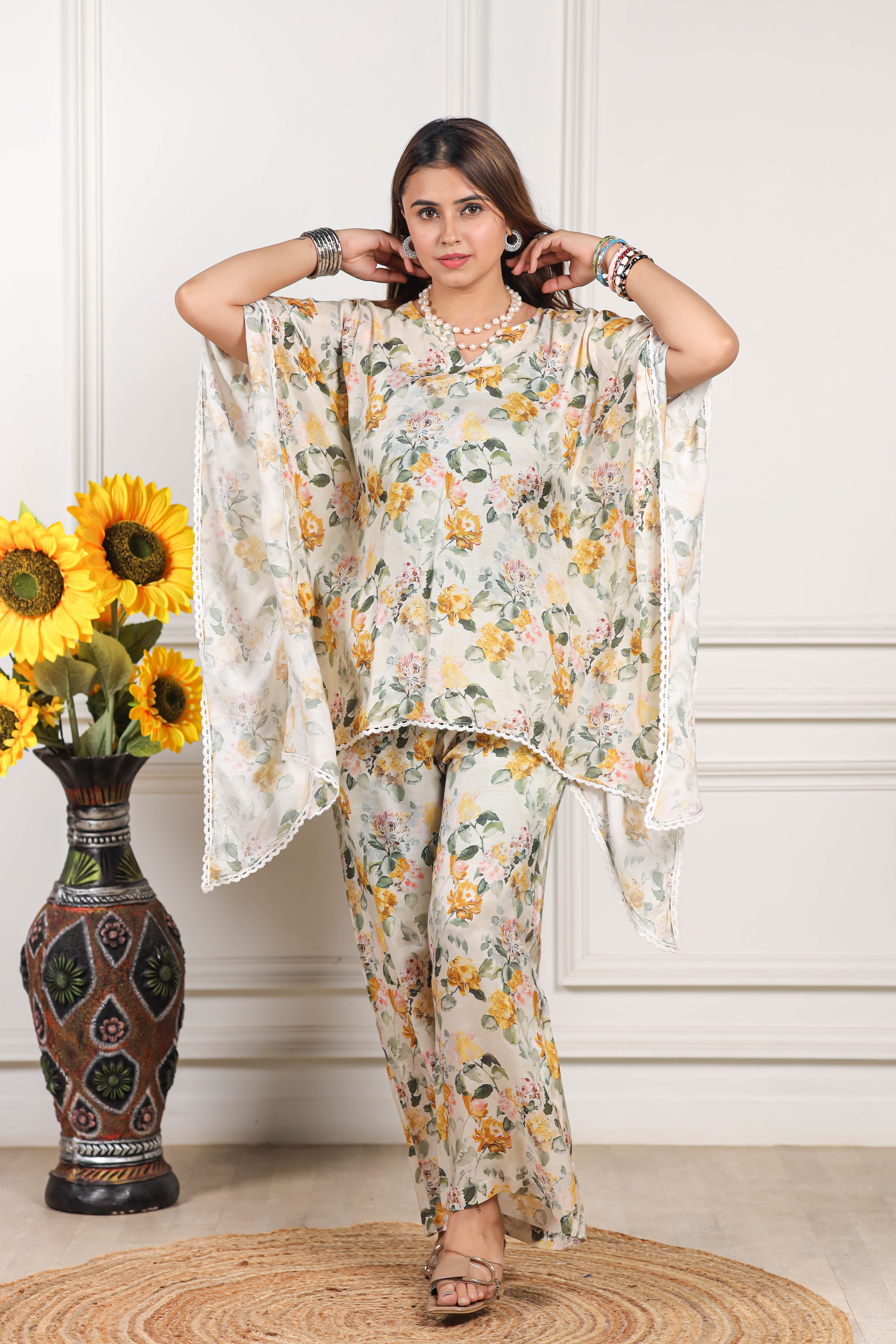 Printed Viscose muslin cream co ord set