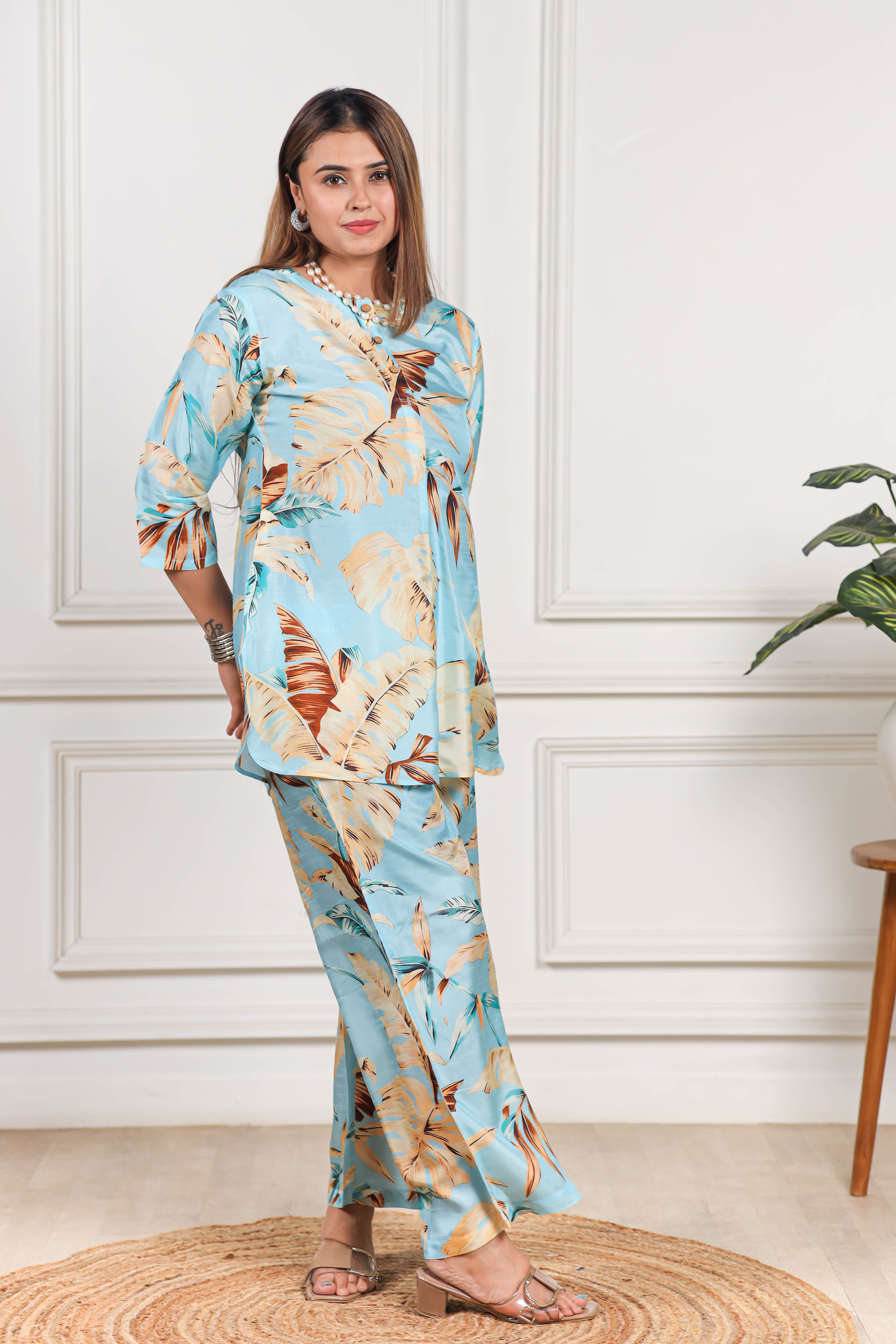 Printed Viscose muslin light blue-co ord set