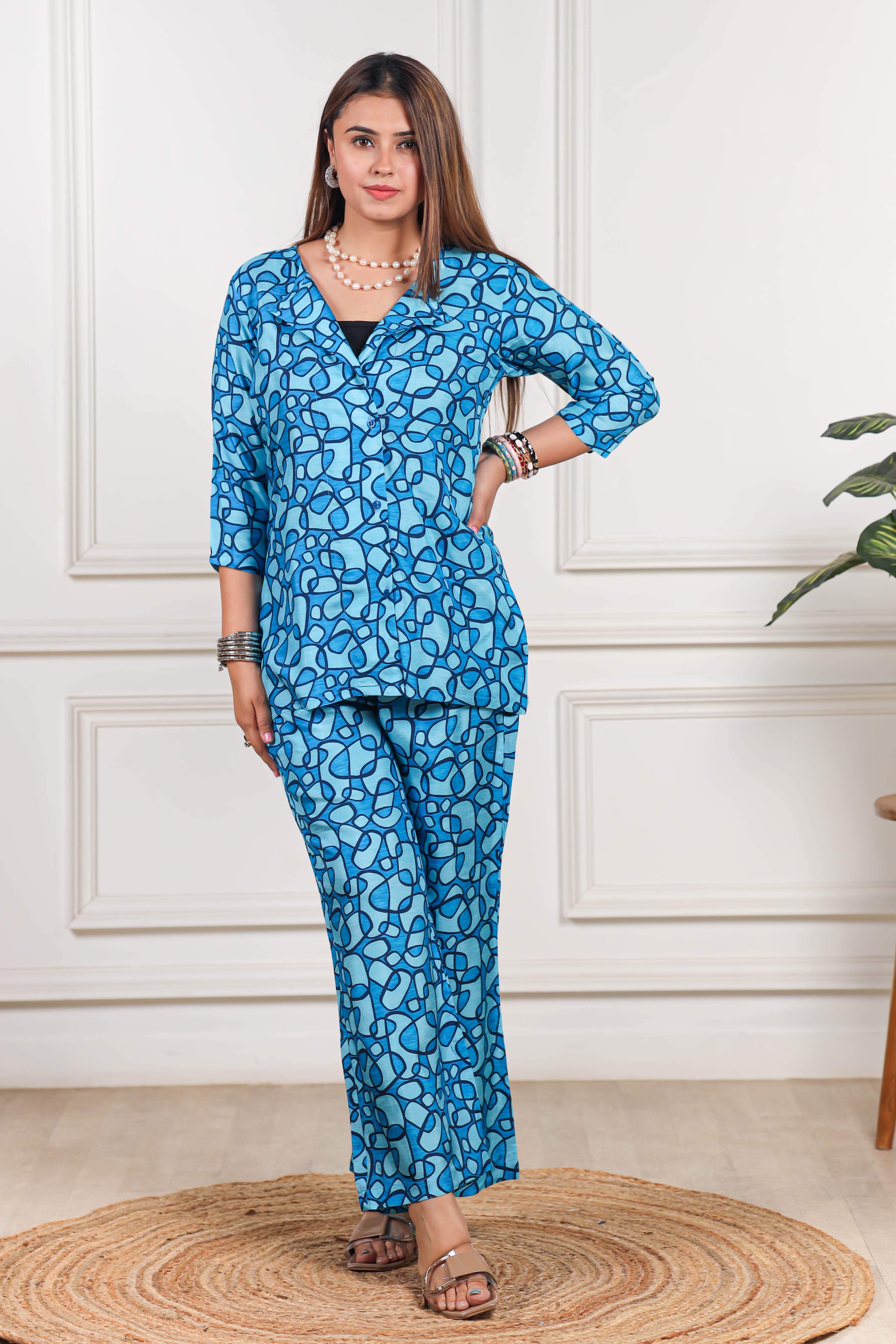 Printed Viscose muslin blue co ord set