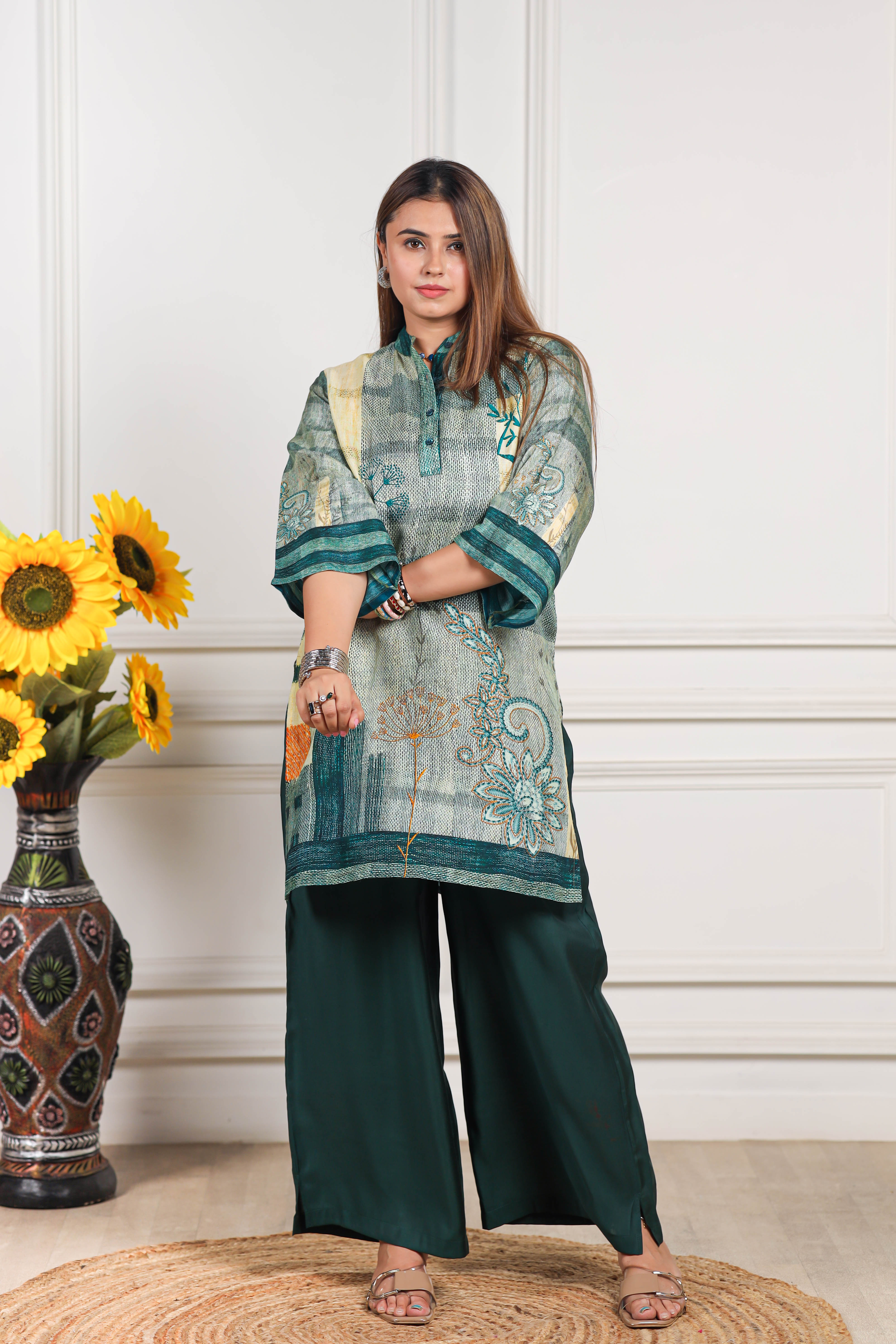 Digital Printed Viscose muslin green co ord set
