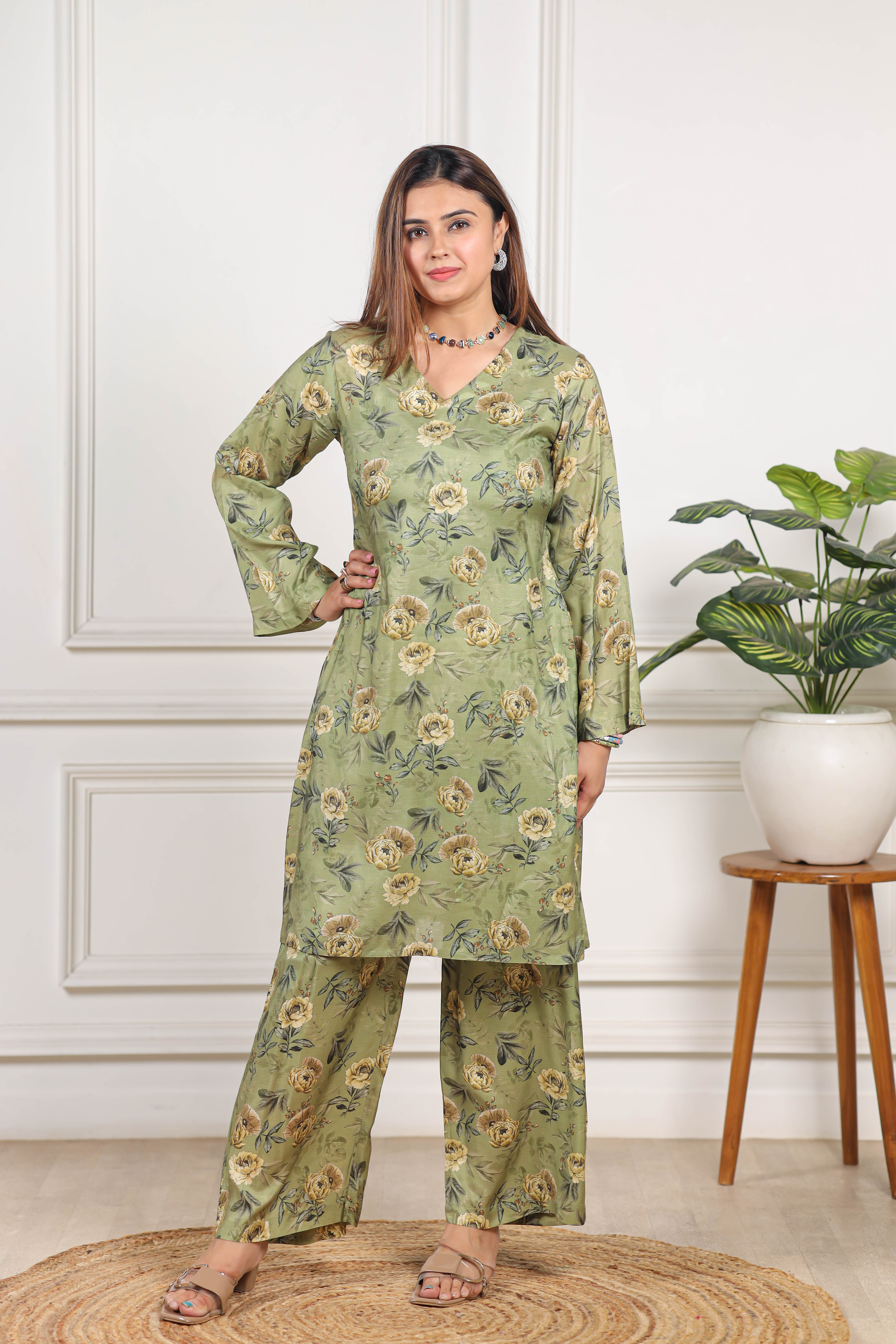 Printed Viscose muslin green co ord set