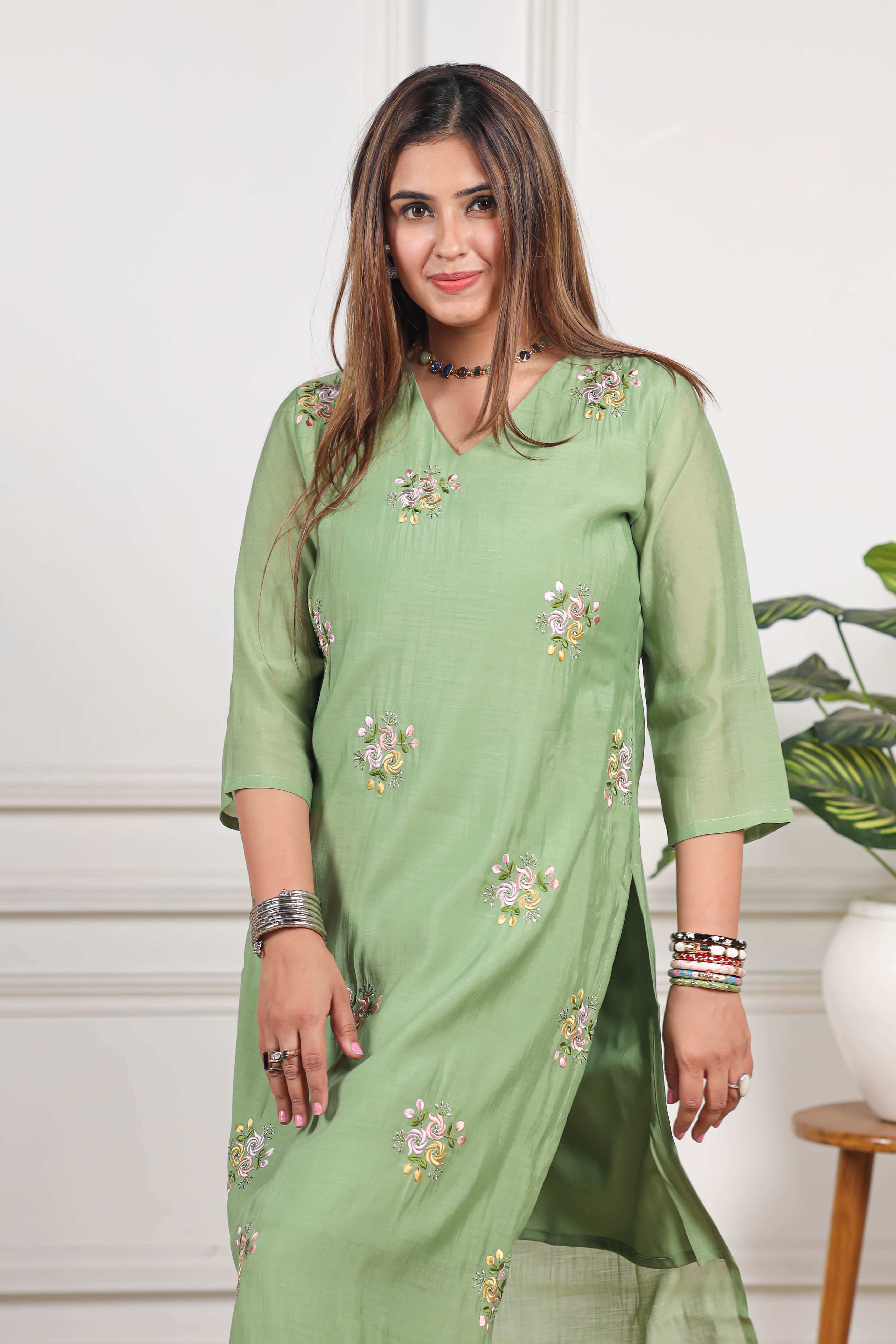 Embroidered Viscose mul chanderi light green co ord set