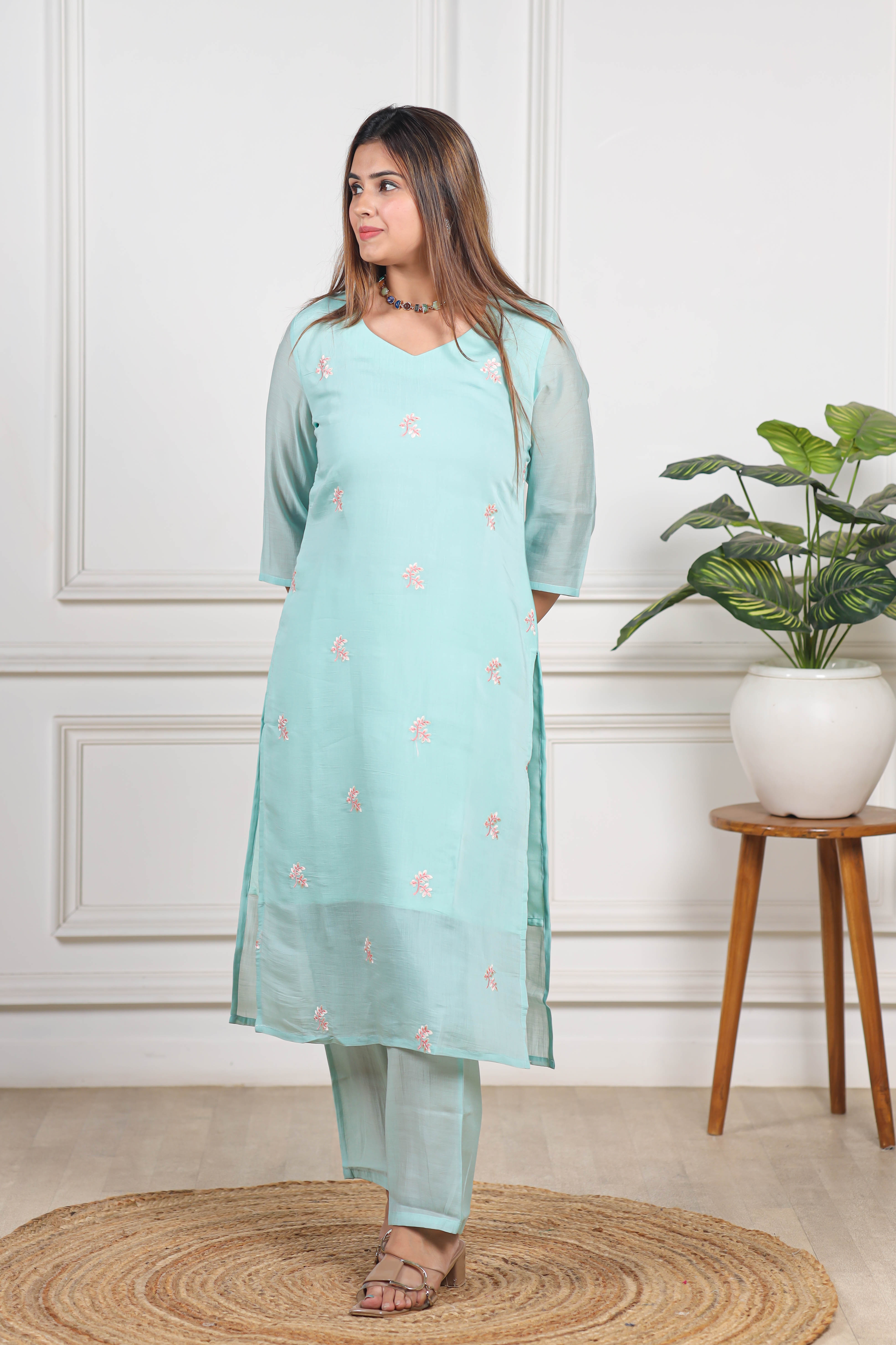 Embroidered Viscose mul chanderi light blue co ord set