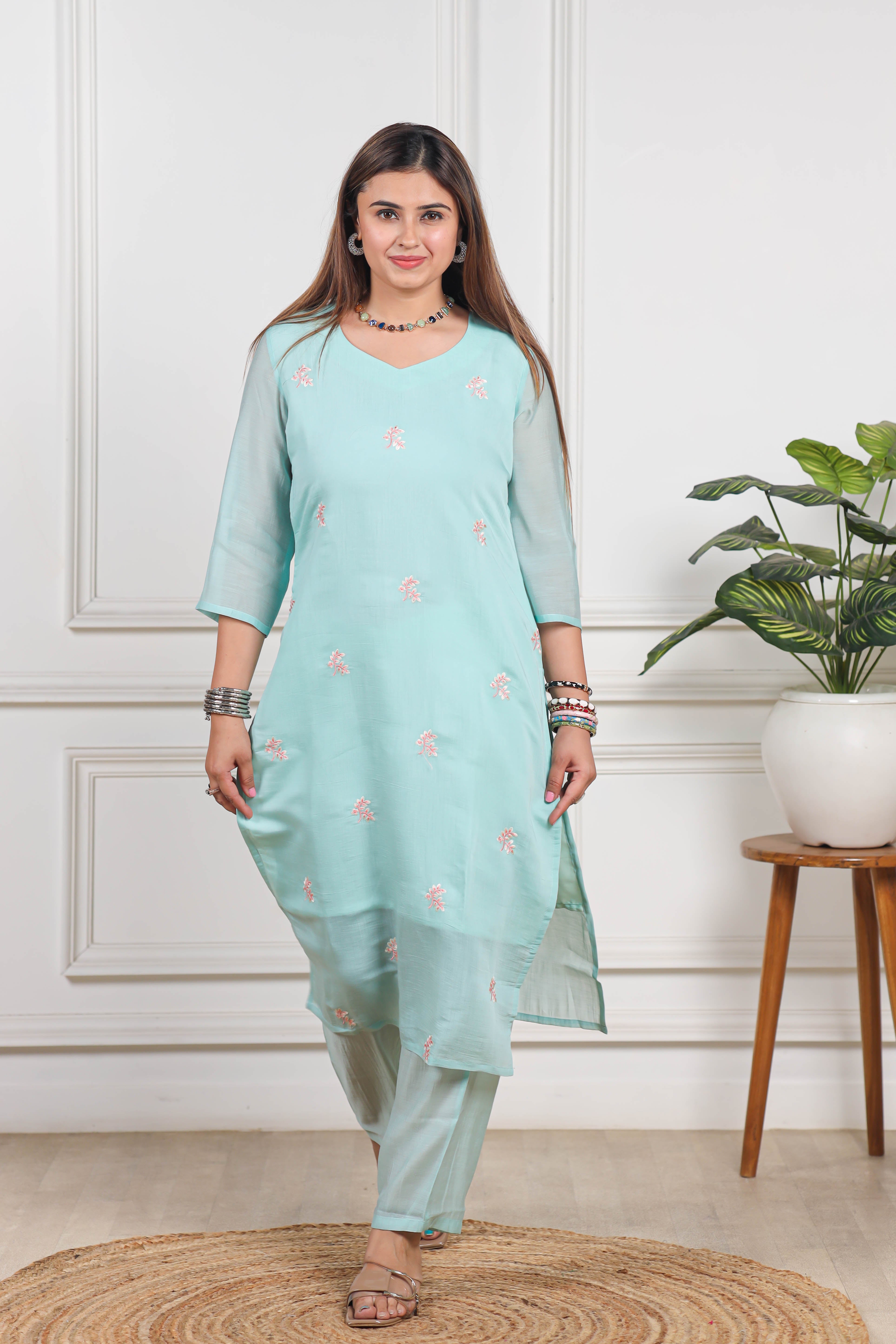 Embroidered Viscose mul chanderi light blue co ord set