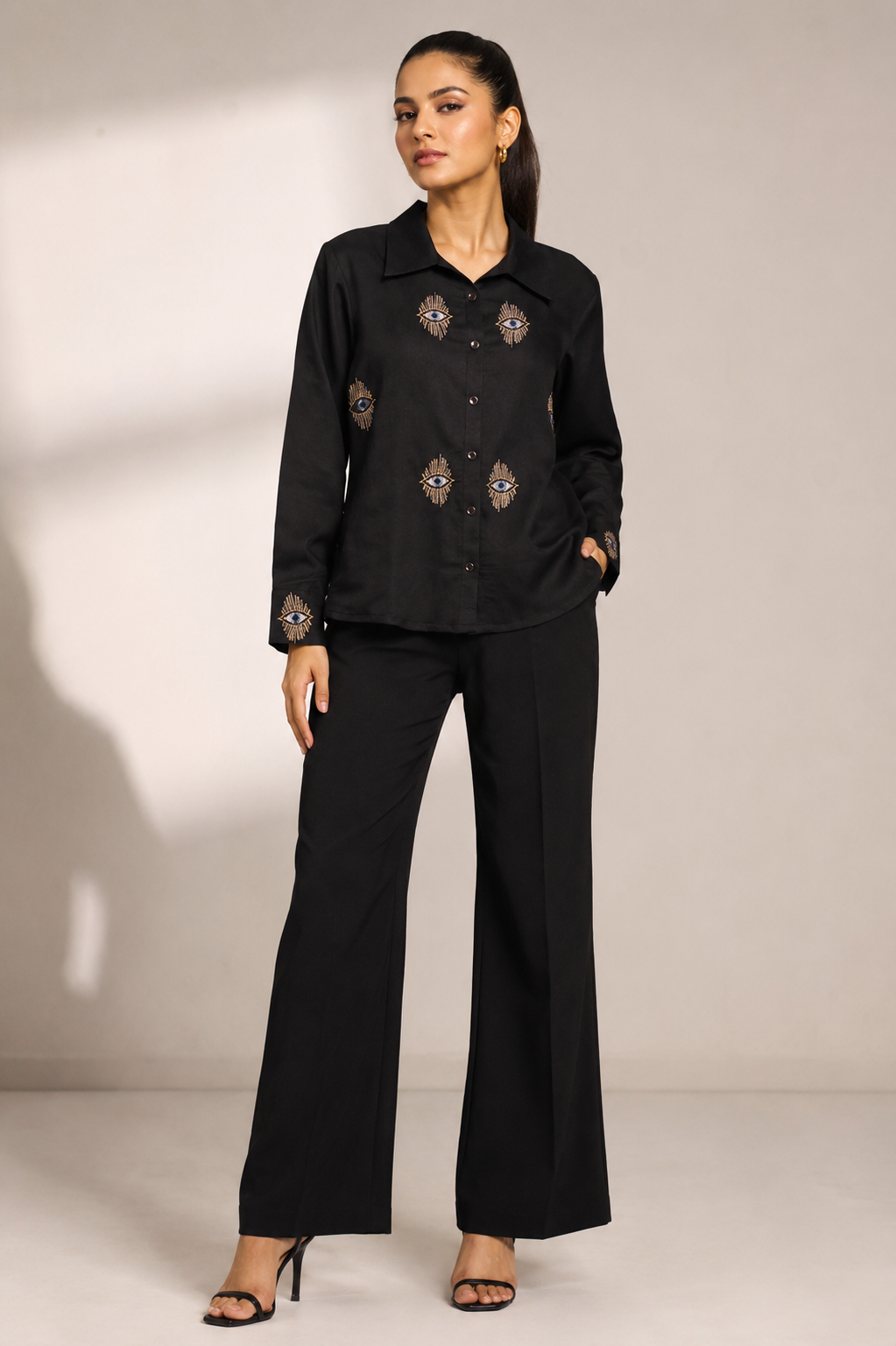 Embroidered black evil eye viscose twil shirt