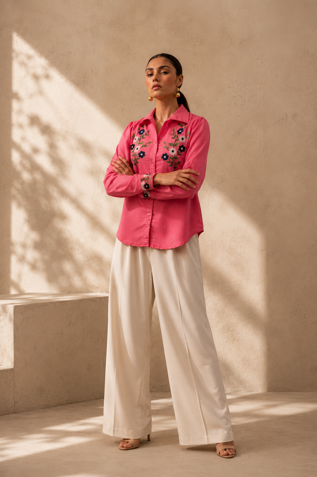 Embroidered Pink floral viscose twil shirt