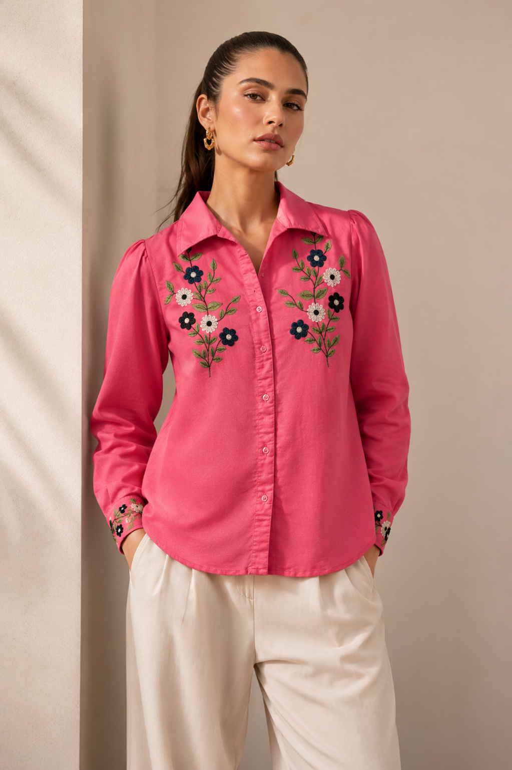 Embroidered Pink floral viscose twil shirt
