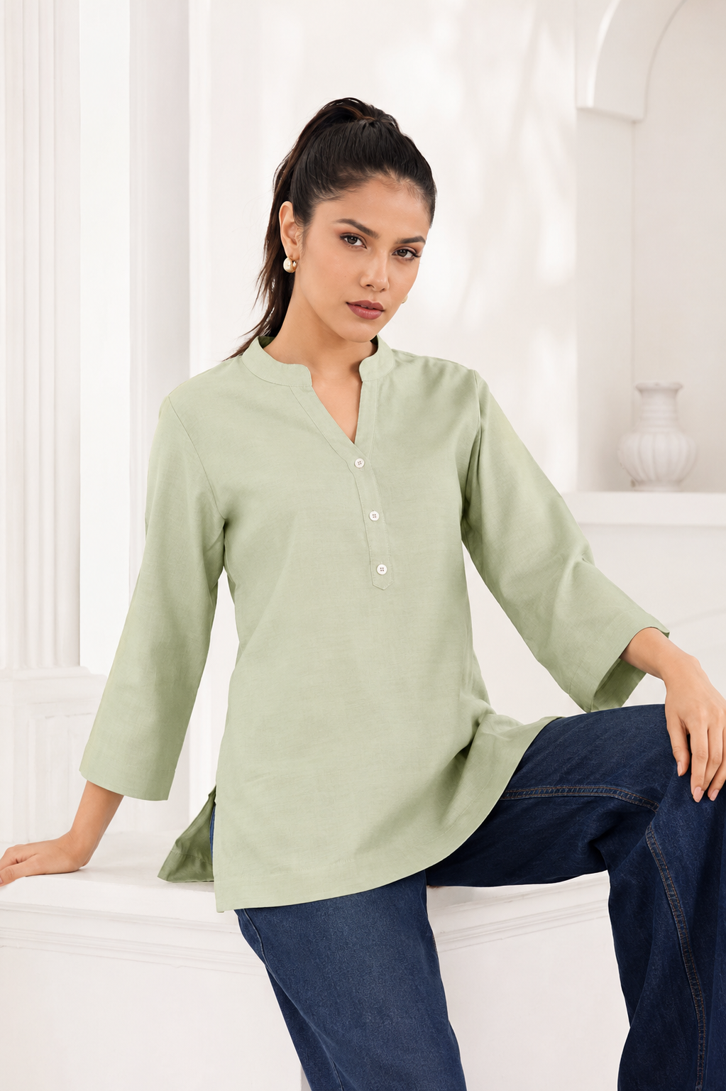 Mull-linen pastel green short kurti