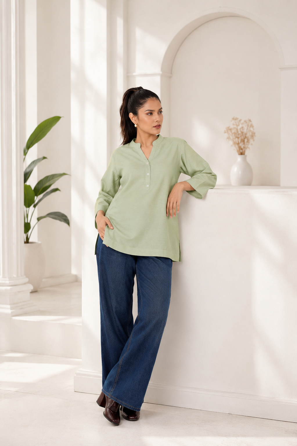 Mull-linen pastel green short kurti