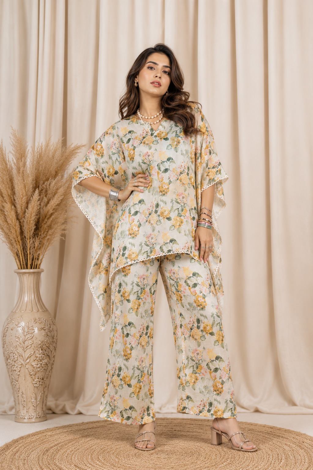 Printed Viscose muslin cream co ord set