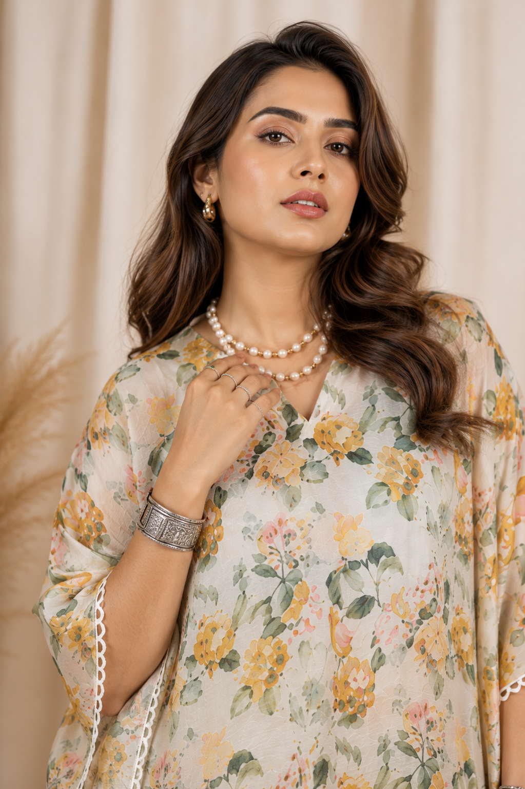 Printed Viscose muslin cream co ord set
