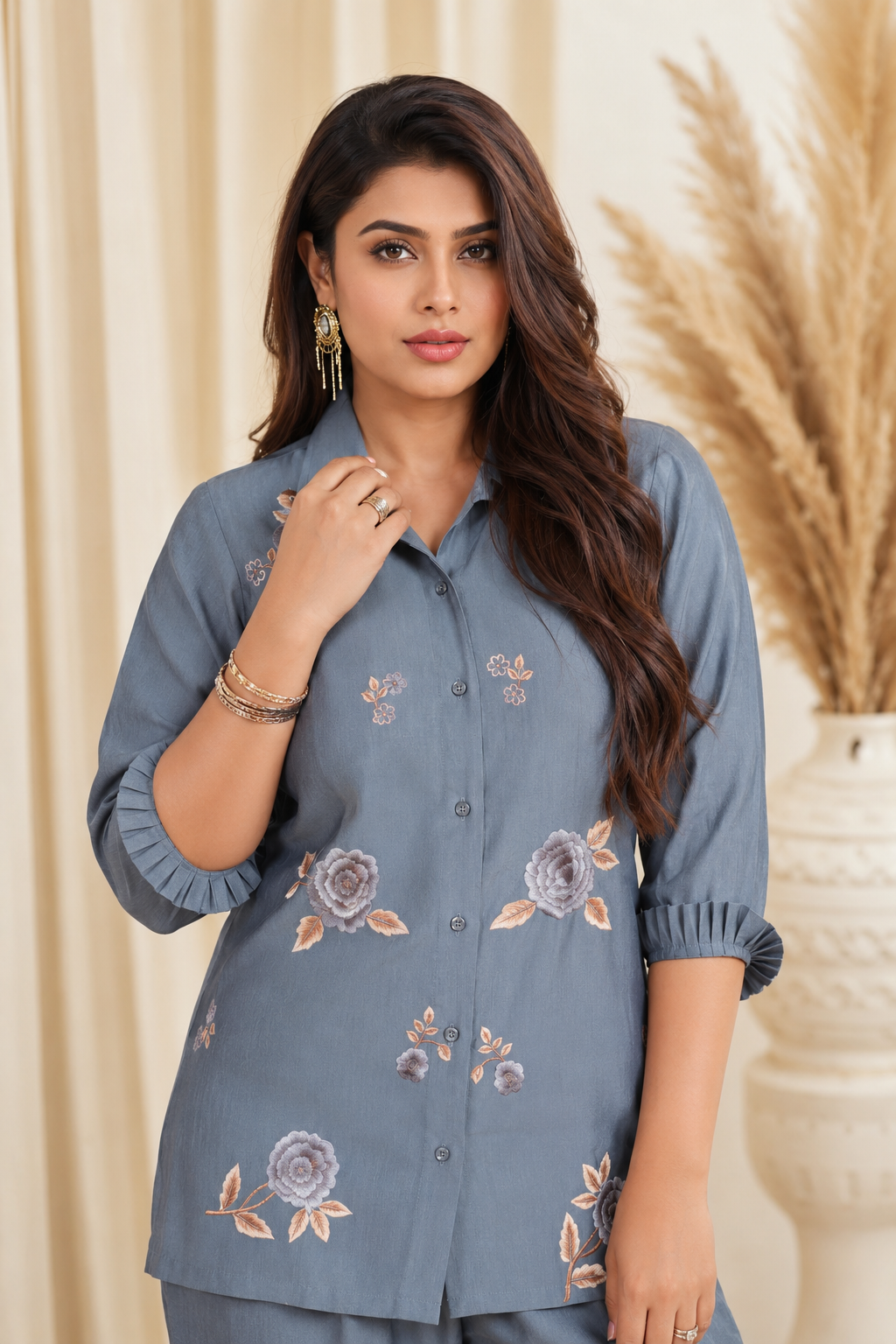 Embroidered Viscose goldy bluish grey co ord set
