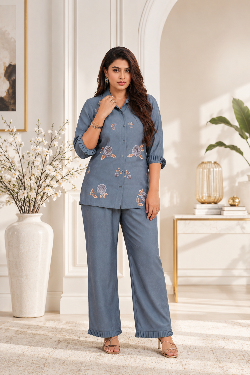 Embroidered Viscose goldy bluish grey co ord set