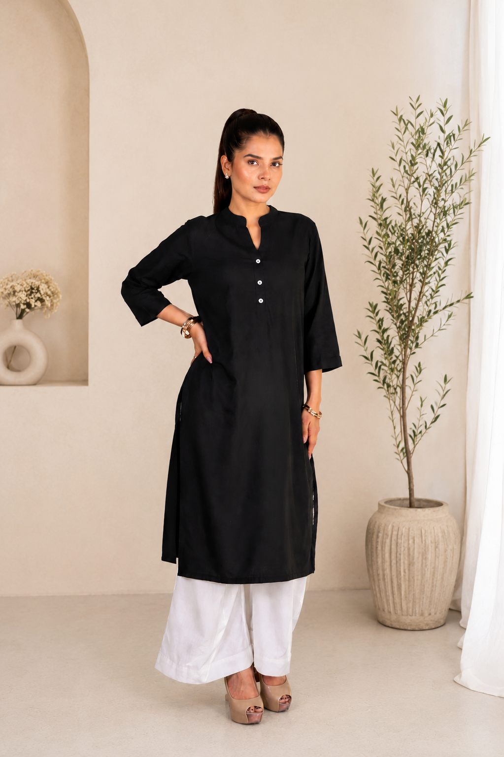 Mull-linen black long kurti