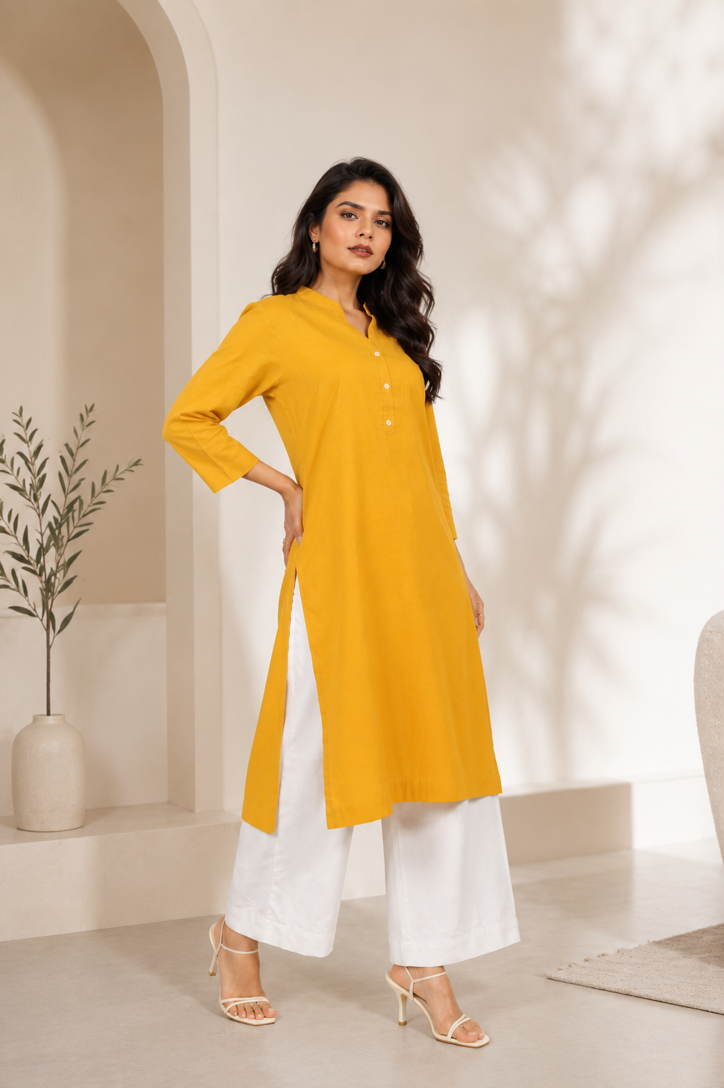 Mull-linen mustard long kurti