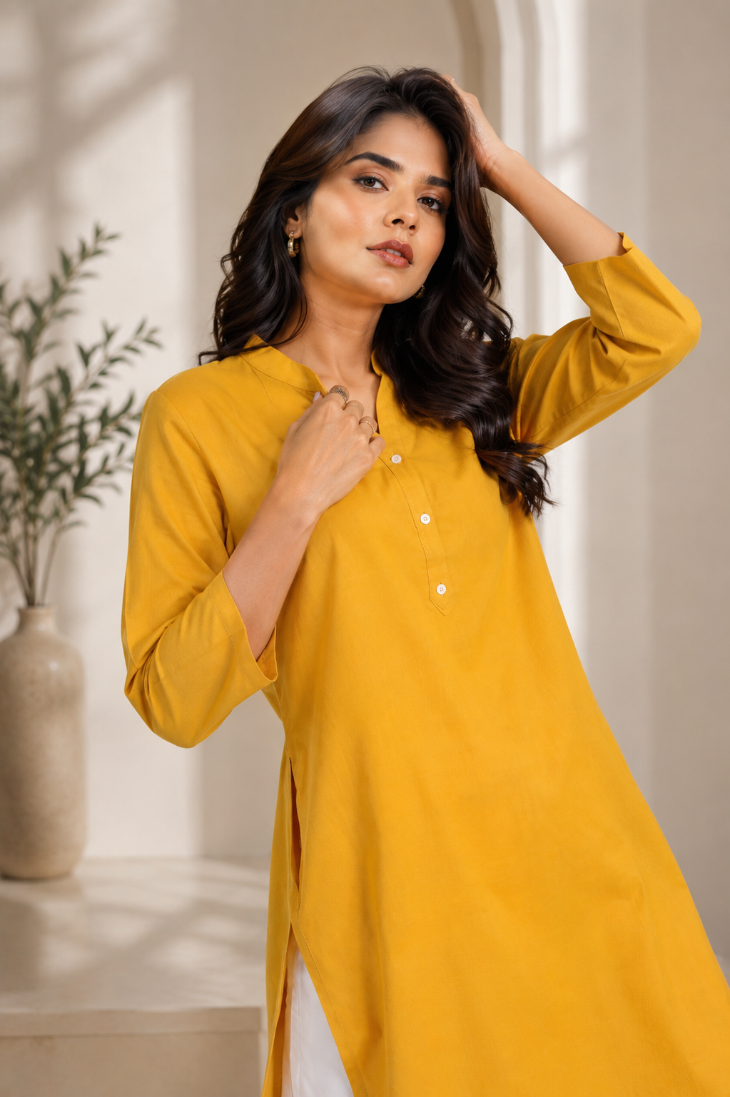 Mull-linen mustard long kurti