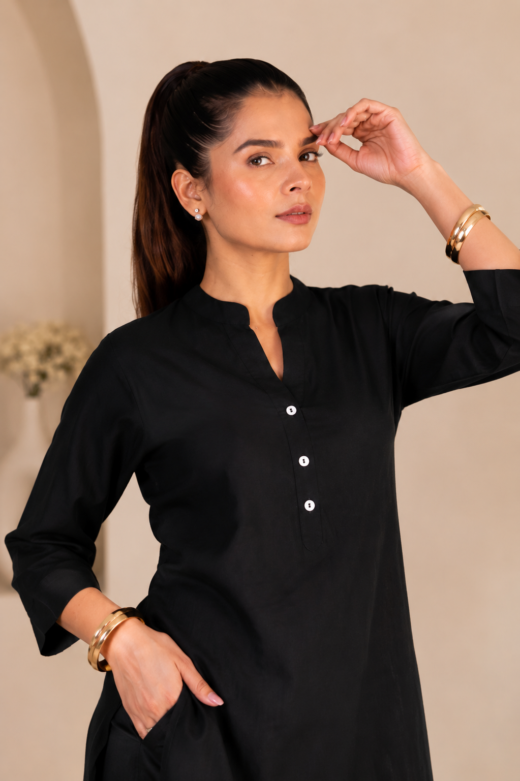 Mull-linen black long kurti