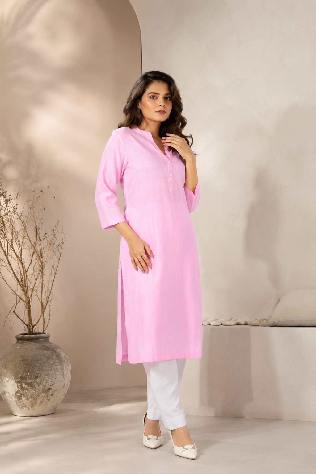 Mull-linen baby pink long kurti