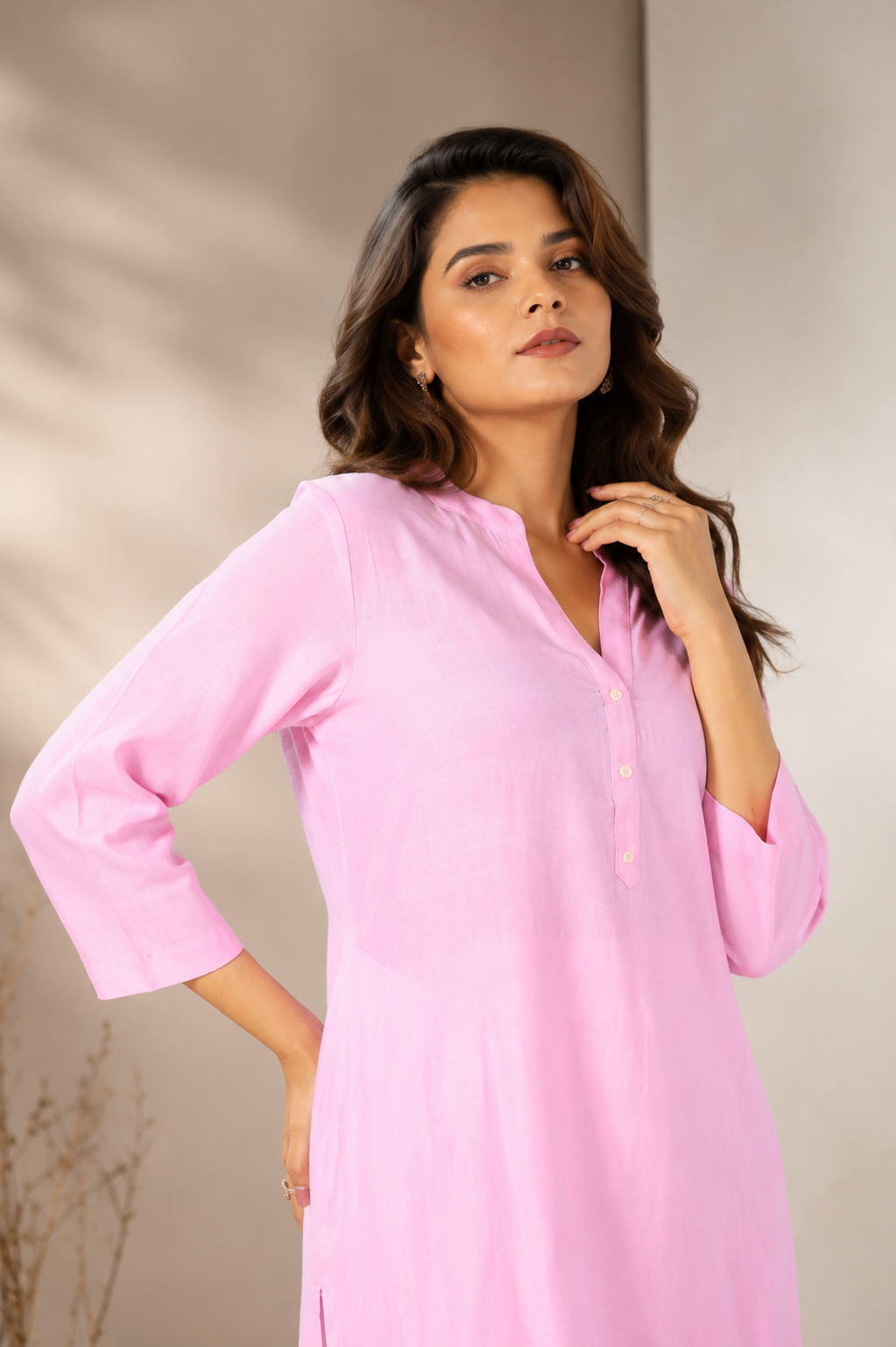 Mull-linen baby pink long kurti