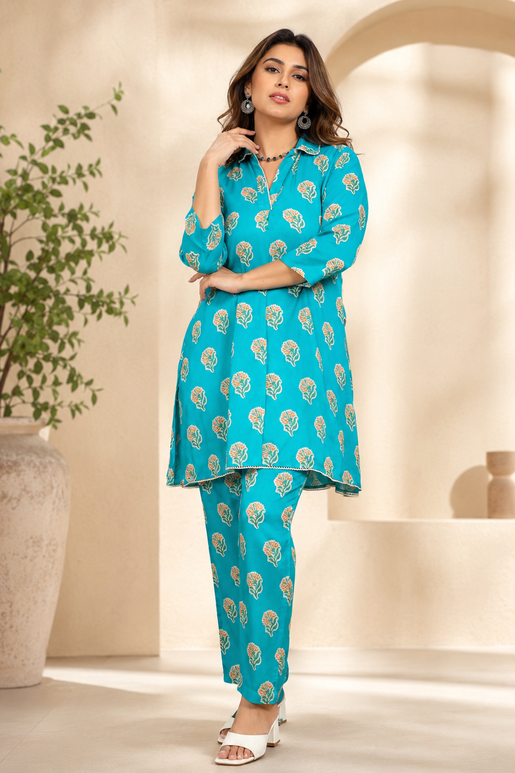 Abstract Printed Viscose muslin blue co ord set