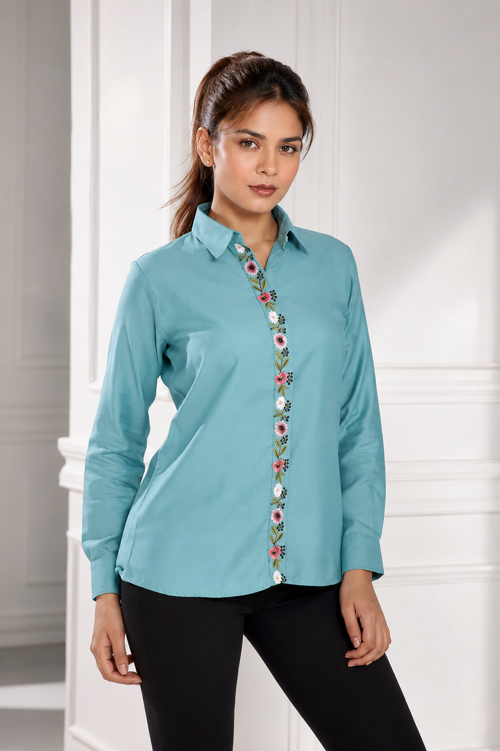 Embroidered viscose twil sea green shirt