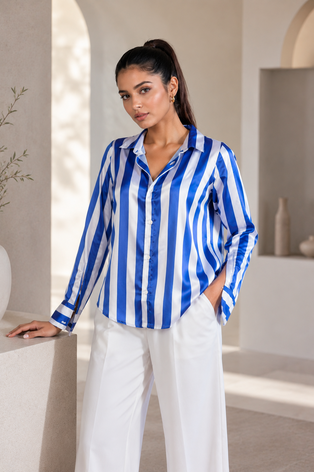Striped white & blue printed shirt