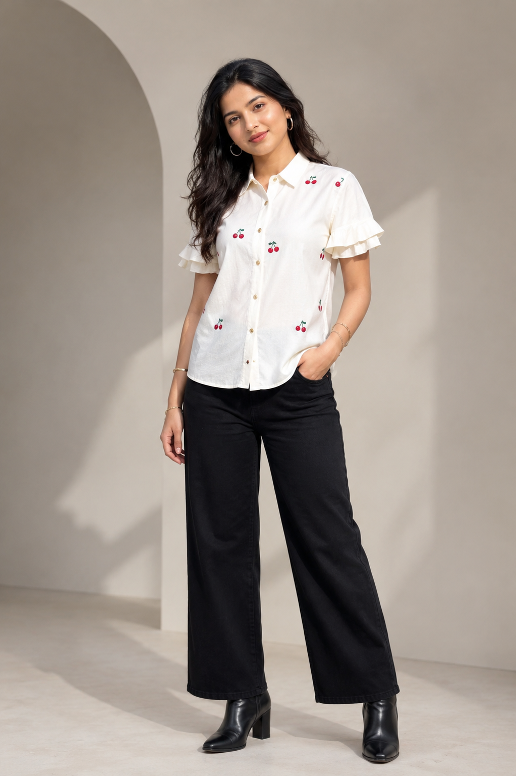 Embroidered viscose twill white shirt