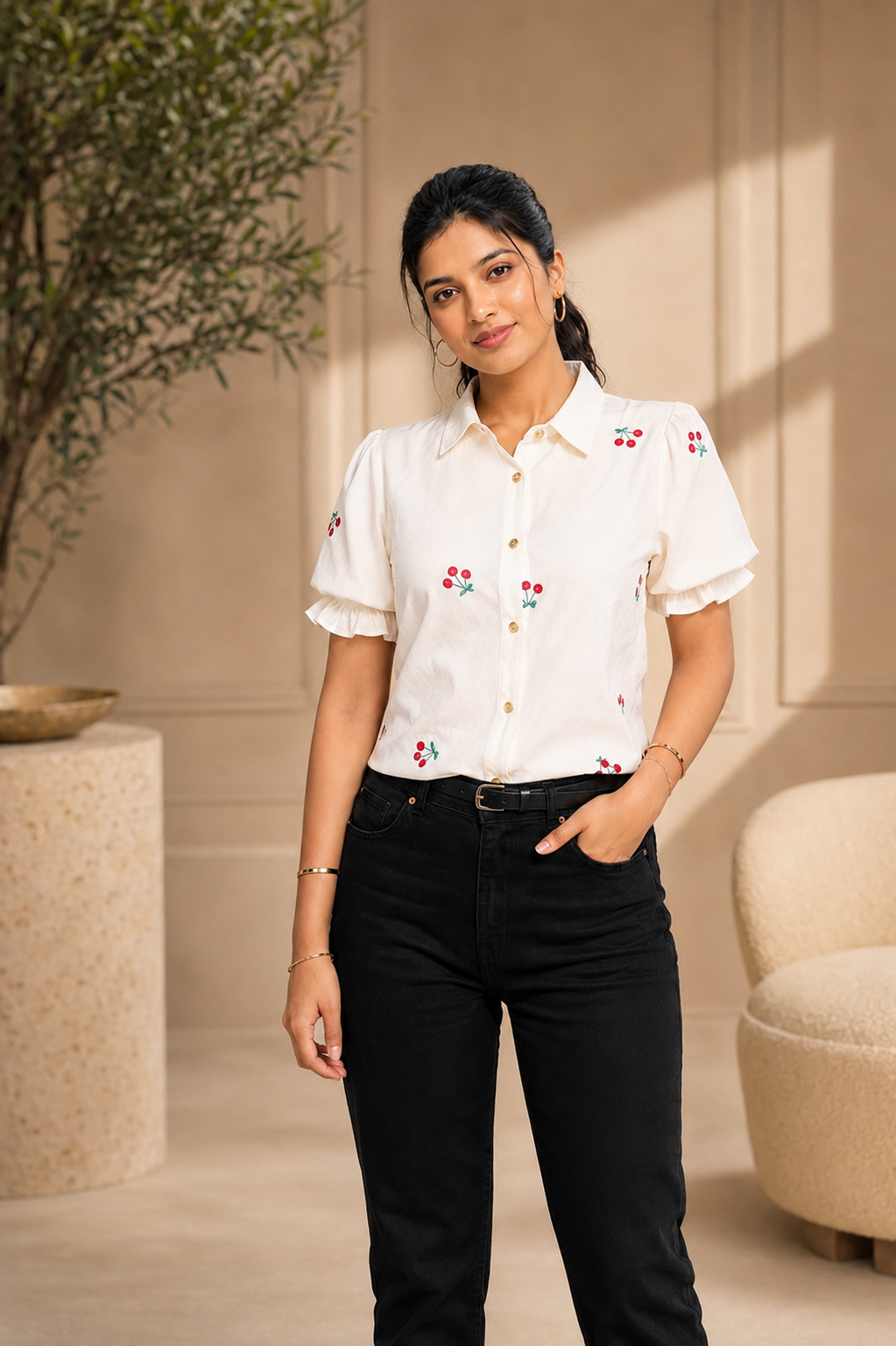 Embroidered viscose twill white shirt