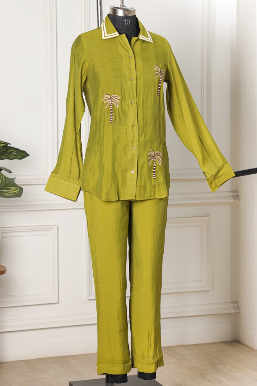 Embroidered Viscose Mul Chanderi green co ord set