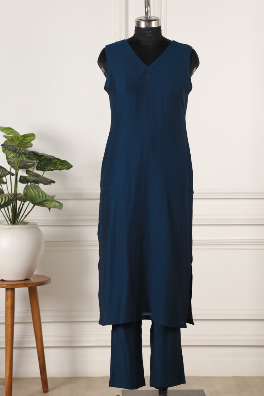 Plain Viscose goldy dark blue co ord set