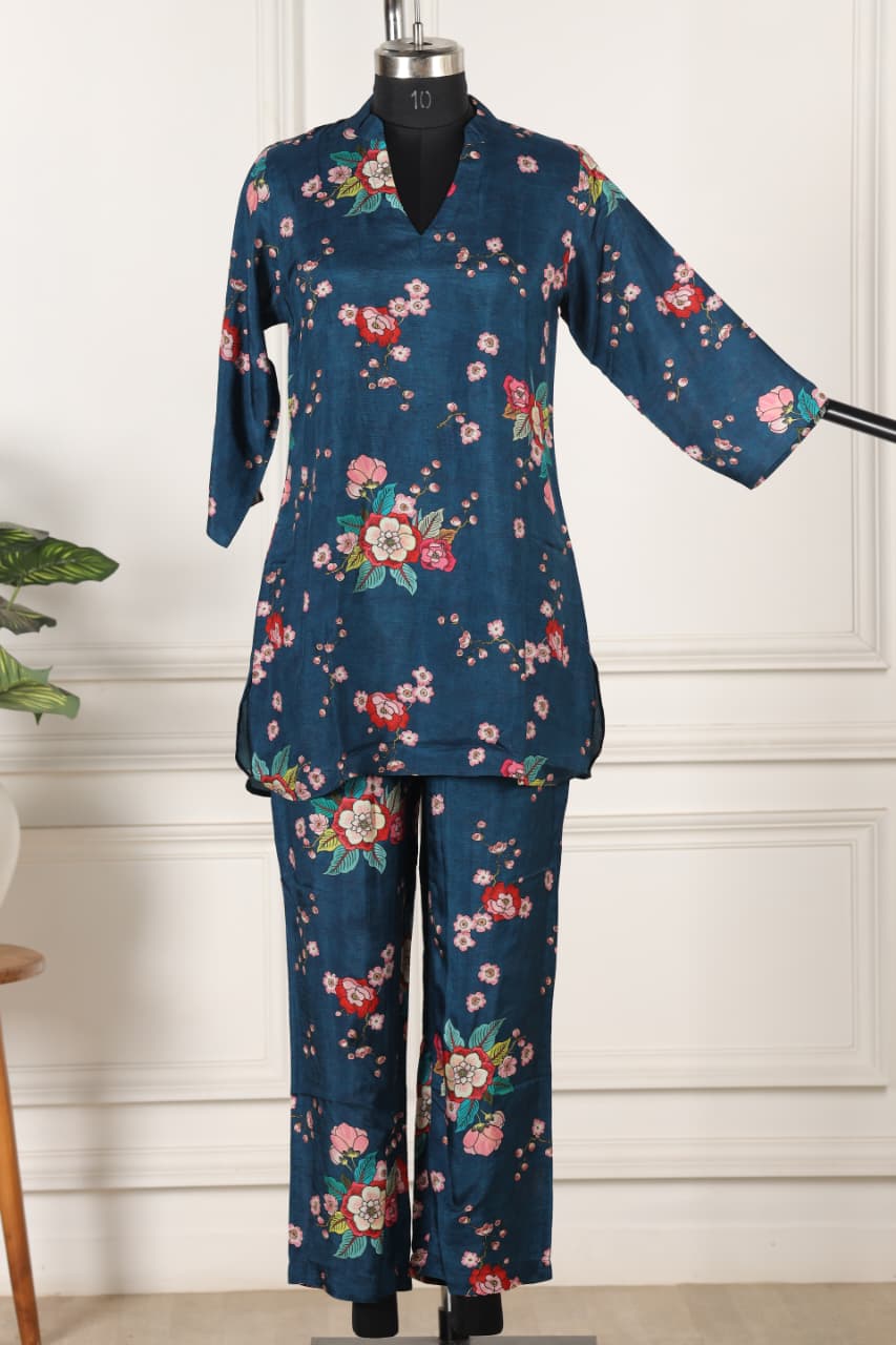 Floral Printed Viscose muslin blue co ord set