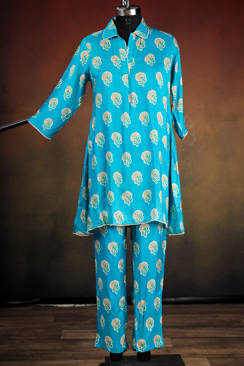 Printed Viscose muslin blue co ord set