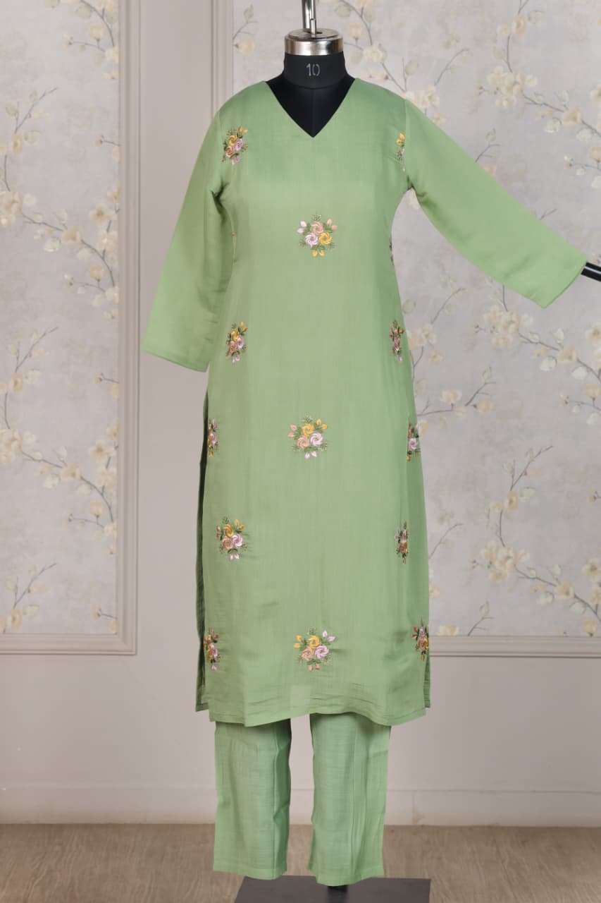 Embroidered Viscose mul chanderi light green co ord set