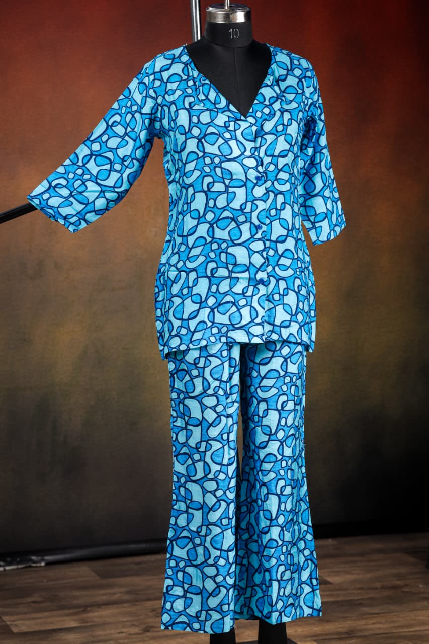 Abstract Printed Viscose muslin blue co ord set