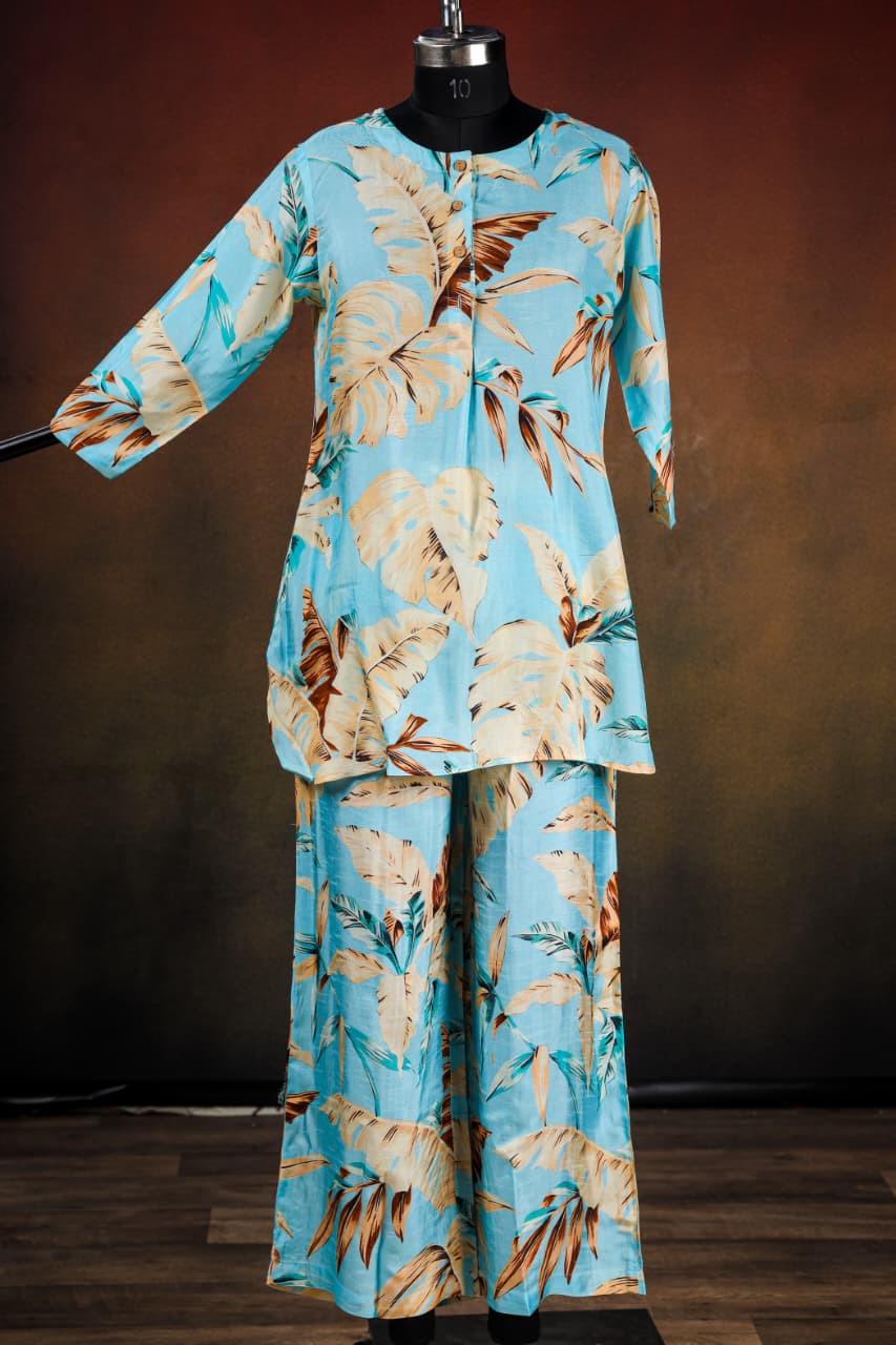 Printed Viscose muslin light blue-co ord set