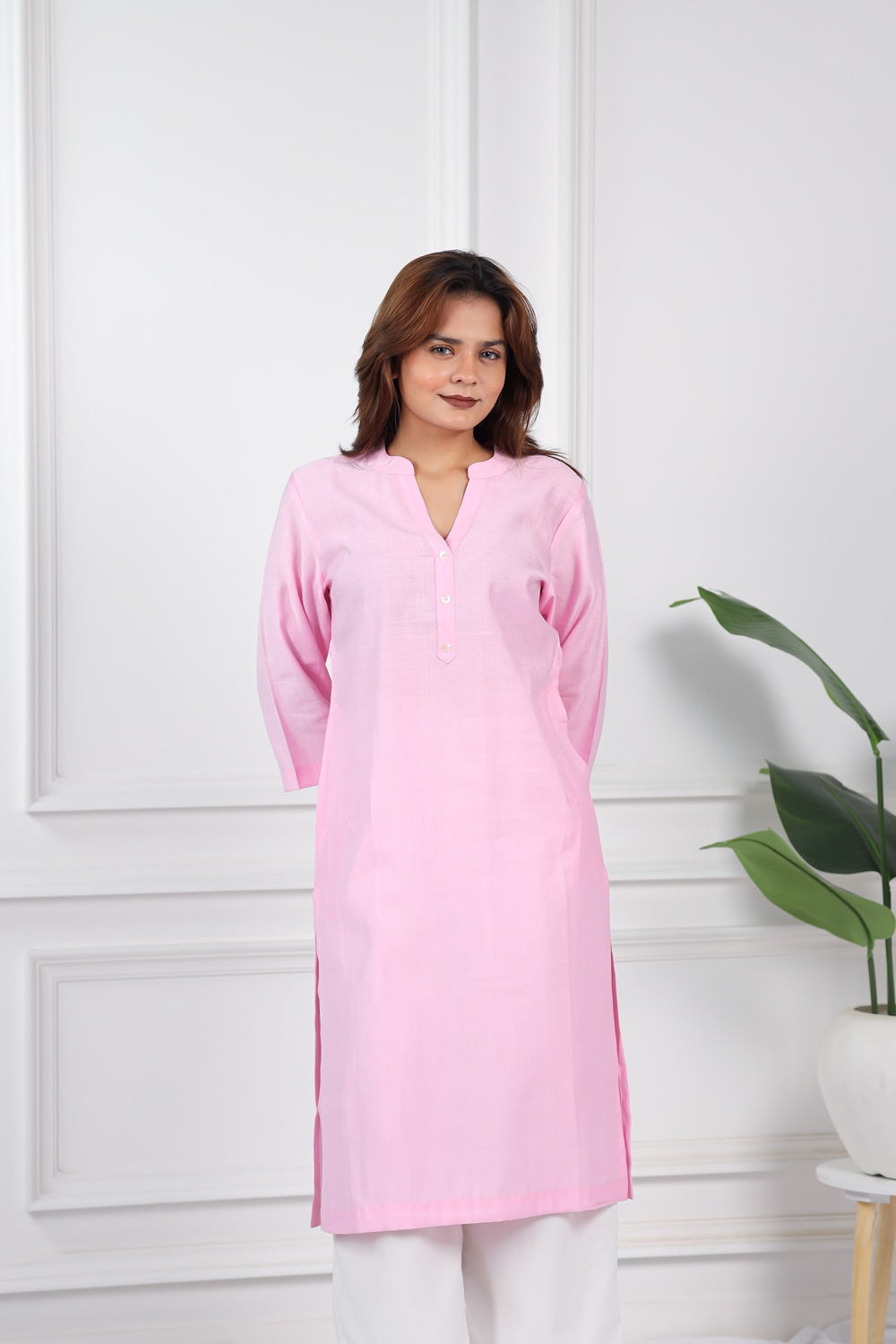 Mull-linen baby pink long kurti